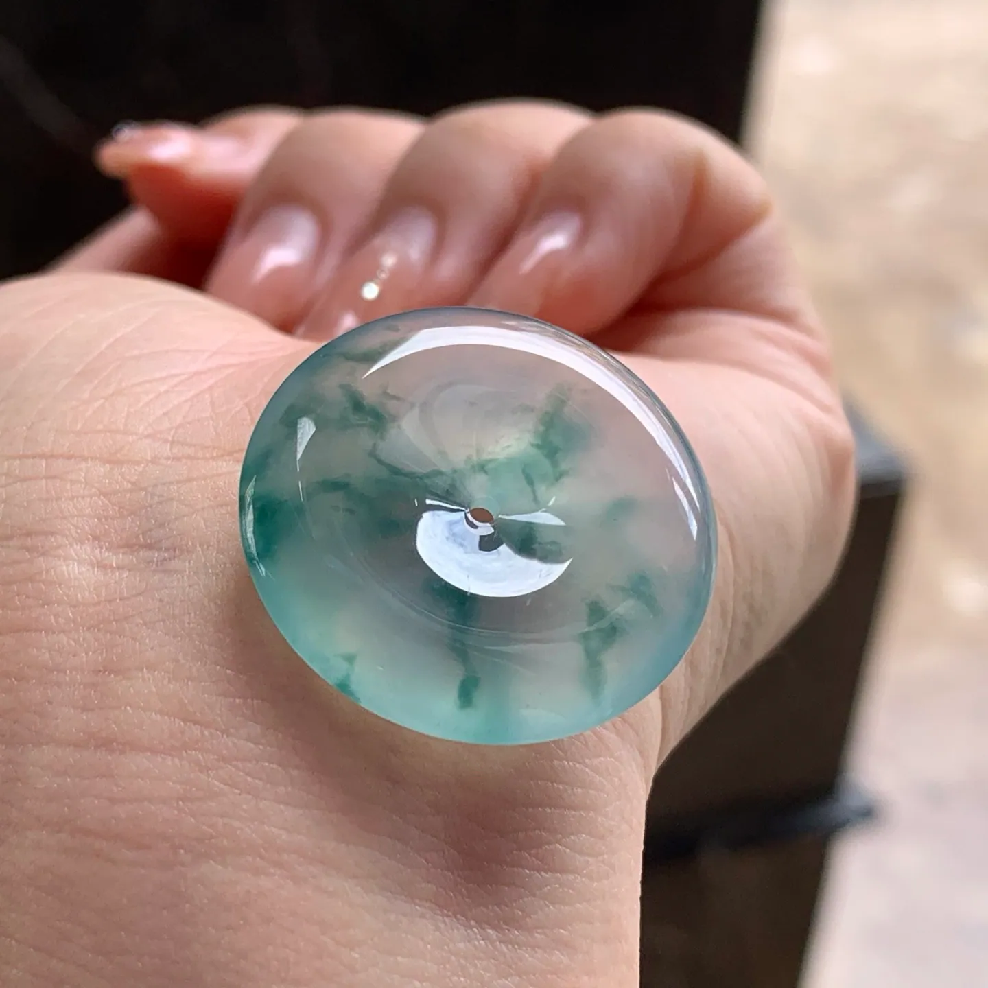 Type A Jadeite Donut Pendant, Icy Green Flower, 28.4mm (6)