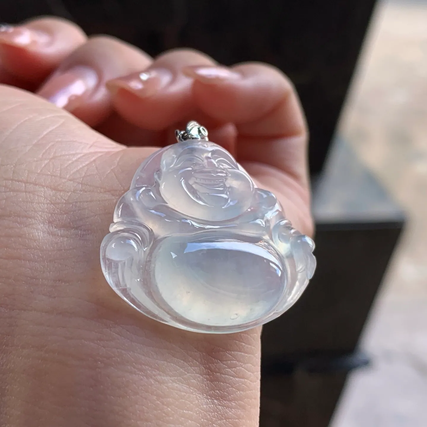 Type A Jadeite Laughing Buddha Pendant, Icy, 18K Gold, 33mm (5)