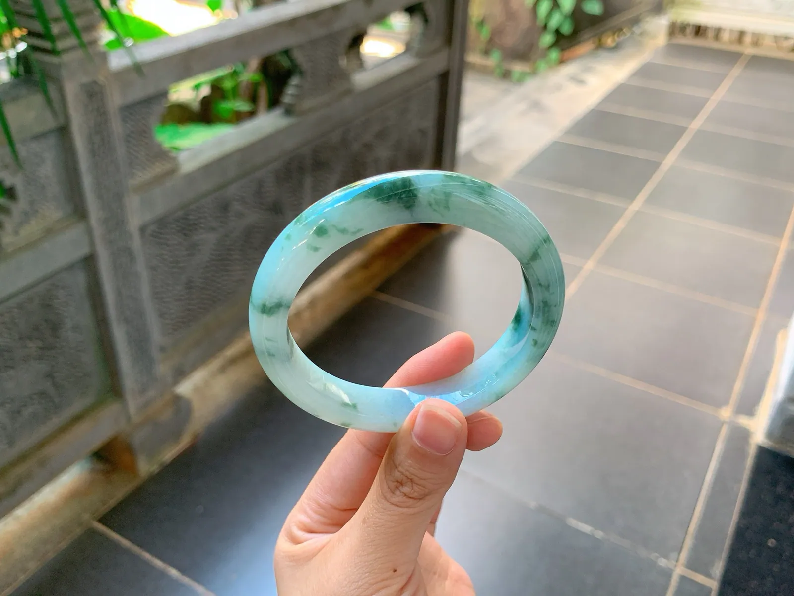 Type A Jadeite Bangle, Icy-Glutinous Blue-Green Flower, 59mm (4)