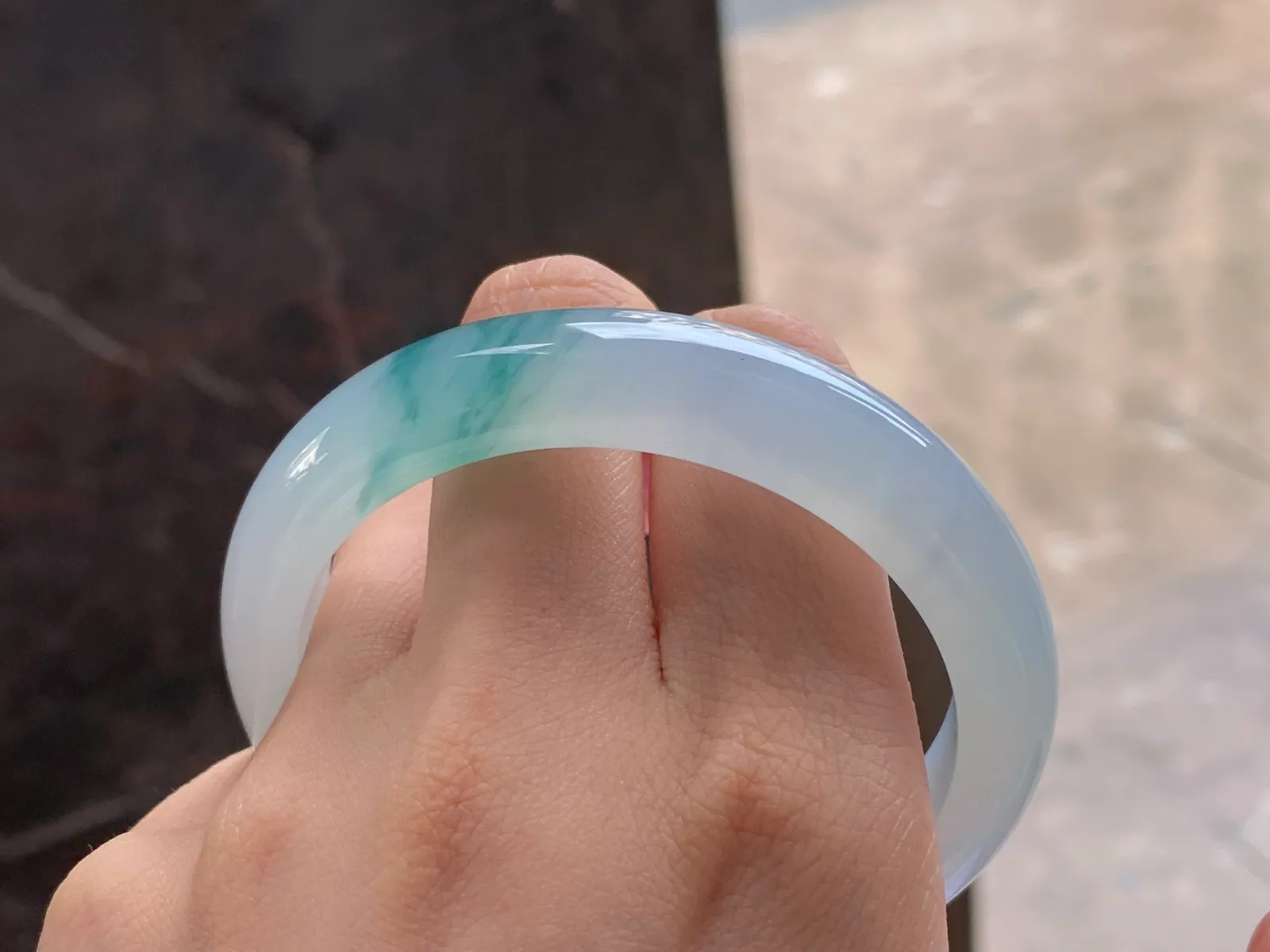 Type A Jadeite Flat Bangle, Blue-Green Flower, 57mm (8)