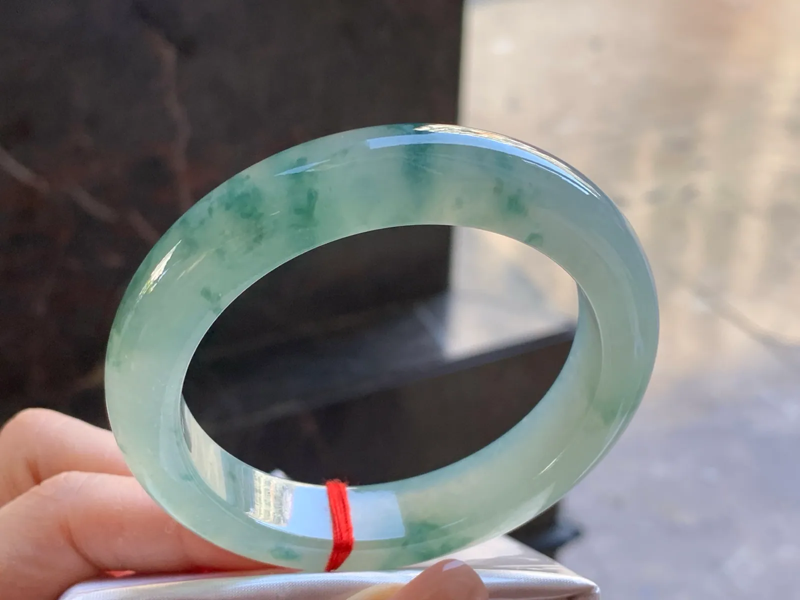 Type A Jadeite Flat Bangle, Icy Blue-Green Flower, 57.3mm (3)