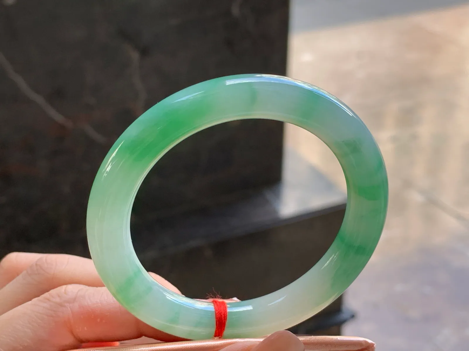 Natural Type A Jadeite Round Bangle, Green Floral, 52.3mm