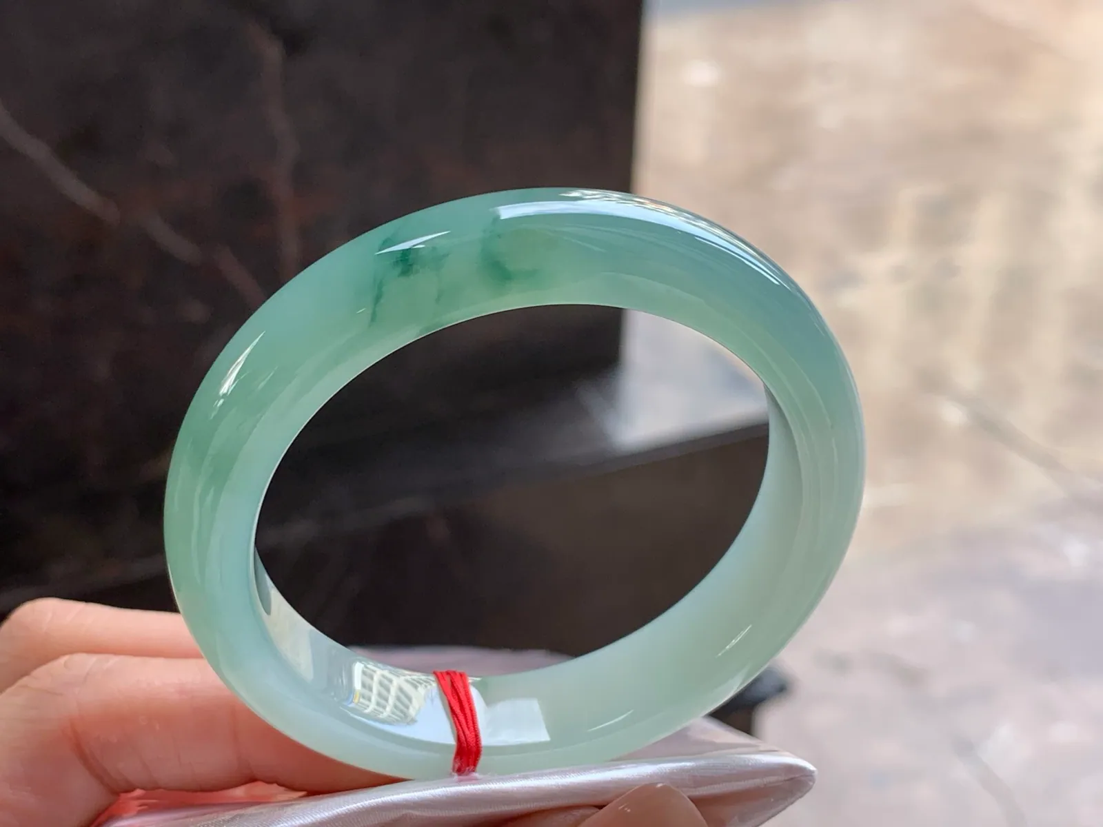 Type A Jadeite Flat Bangle, Icy-Glutinous Green Flower, 54mm (3)