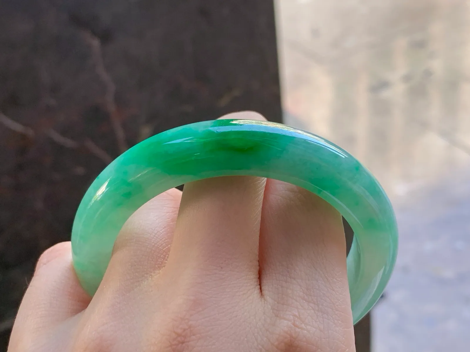 Type A Jadeite Flat Bangle, Green Patches, 57.6mm (8)