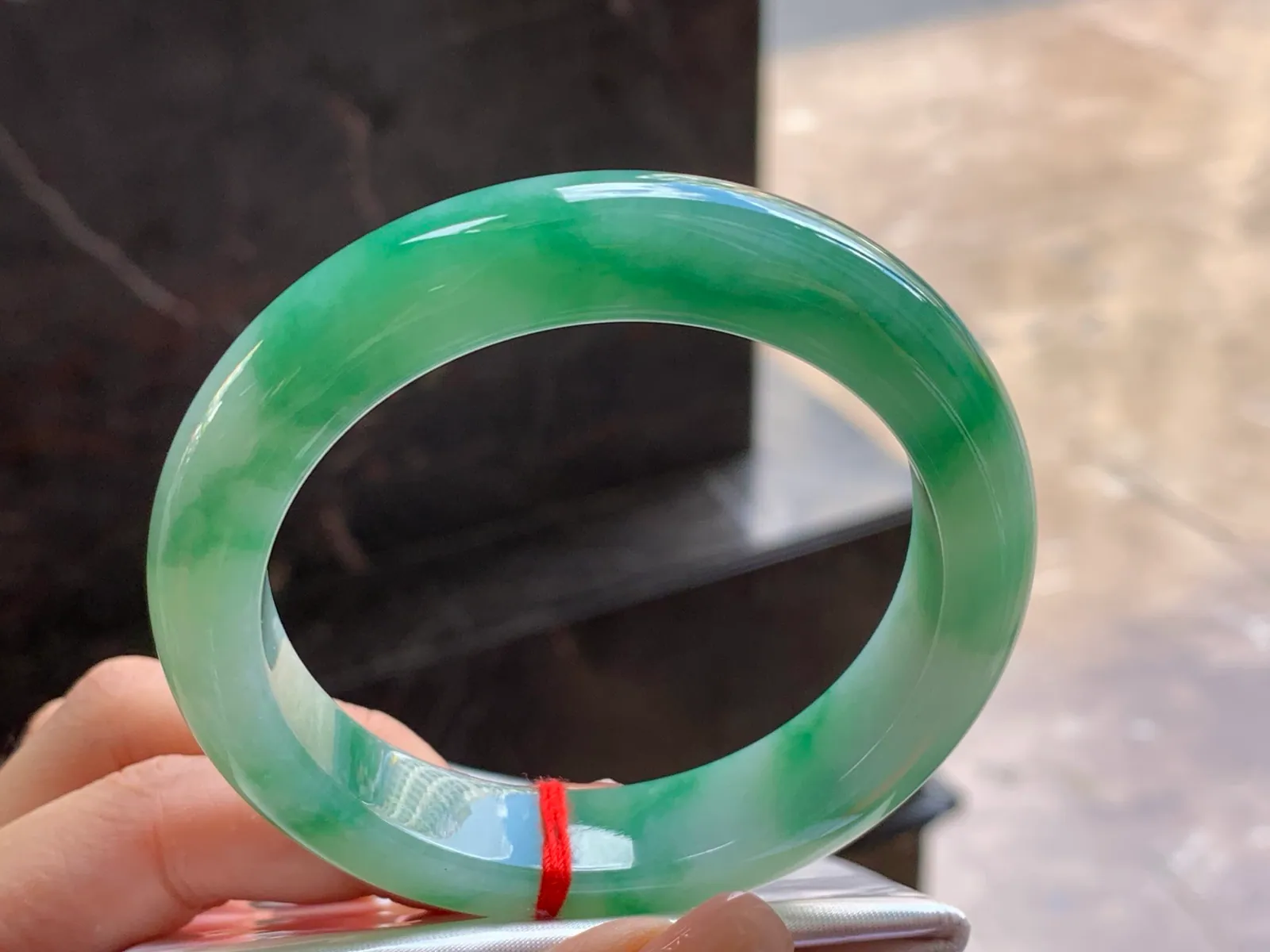 Type A Jadeite Flat Bangle, Green Flower, 57.5mm (4)