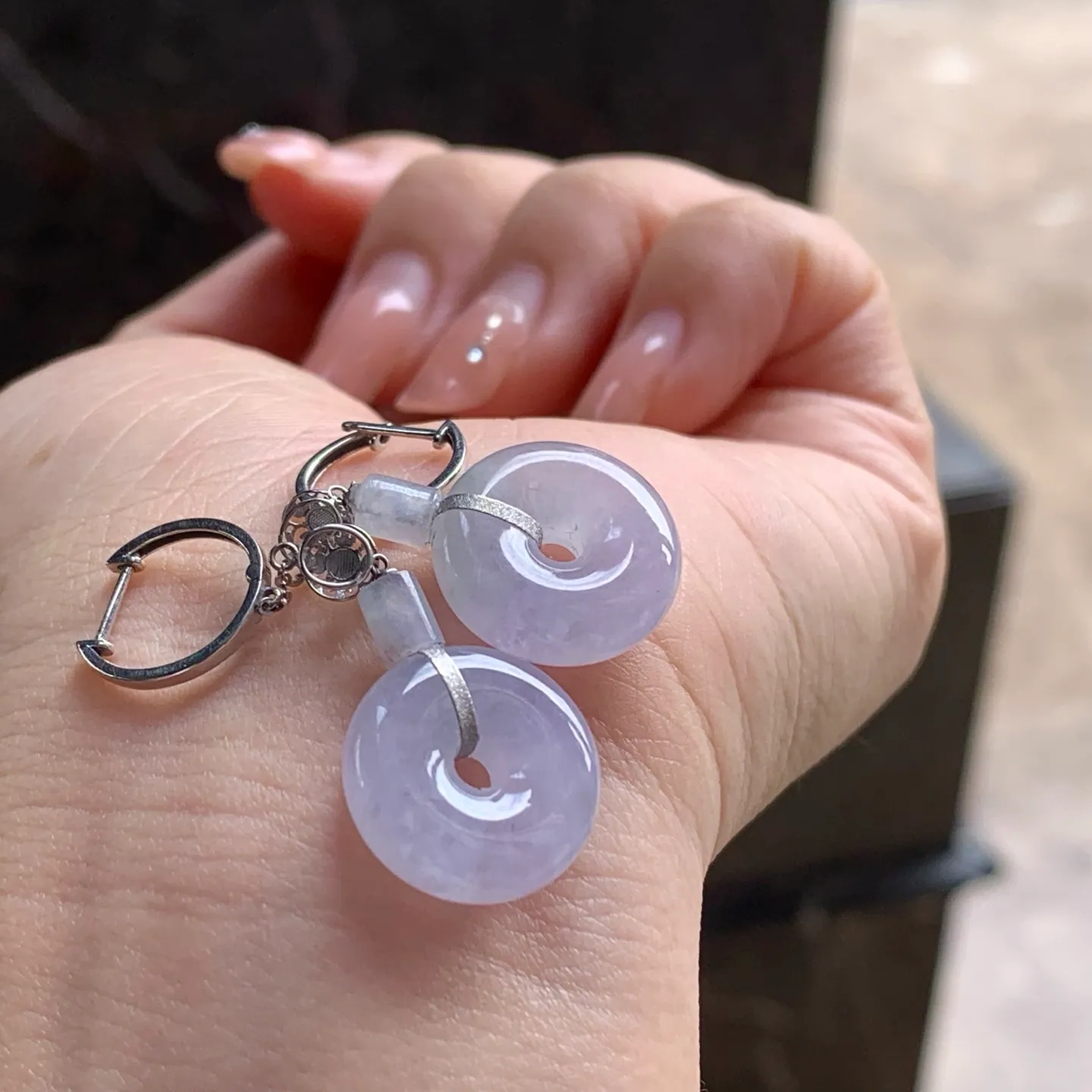 Type A Jadeite Safety Coin Drop Earrings, Pale Lavender (6)