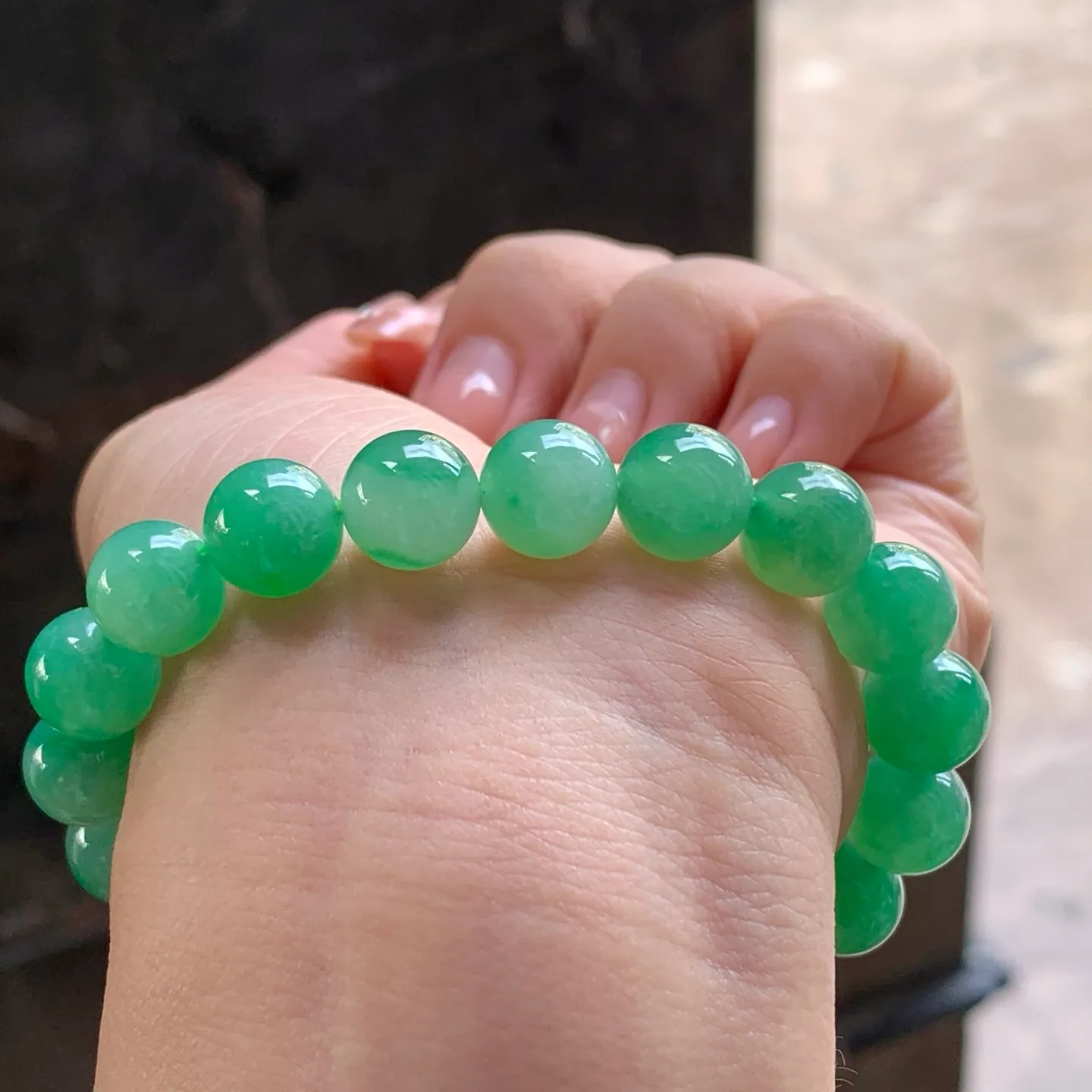 Natural Type A Jadeite Bead Bracelet, Green, 10mm (7)