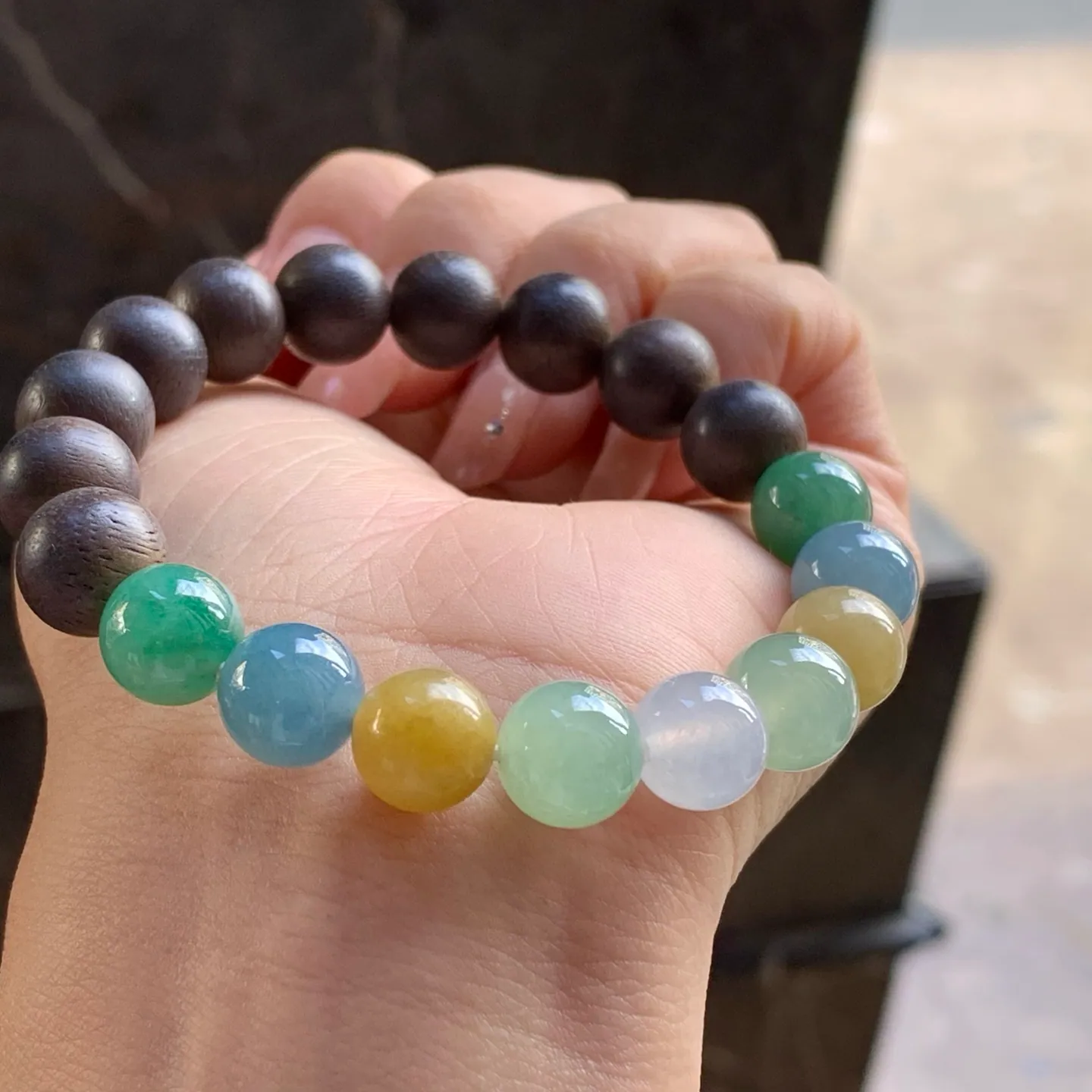 Type A Jadeite and Wood Bead Bracelet, Multicolor, 9.7mm (4)