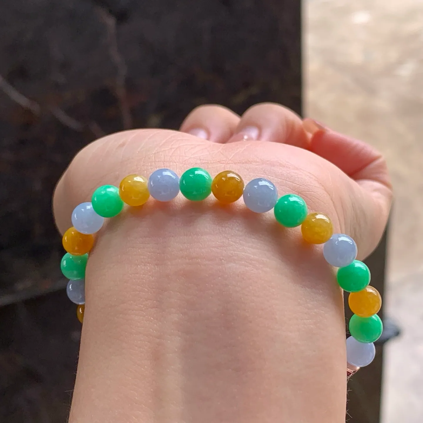 Type A Jadeite Bead Bracelet, Fu Lu Shou 3 Colors, 6.5mm (6)