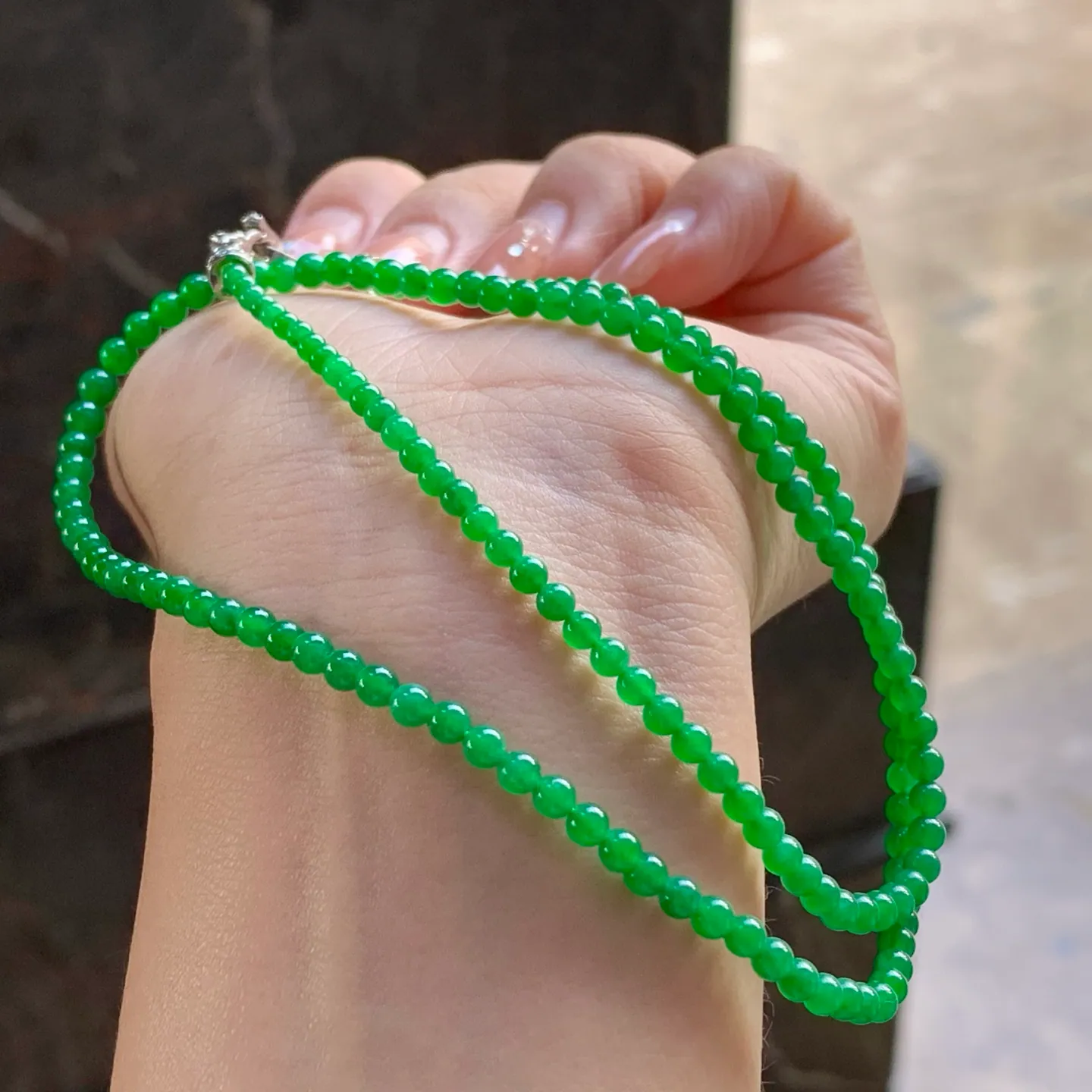 Type A Jadeite Bead Strand, Icy Full Bright Green, 154 Beads (6)