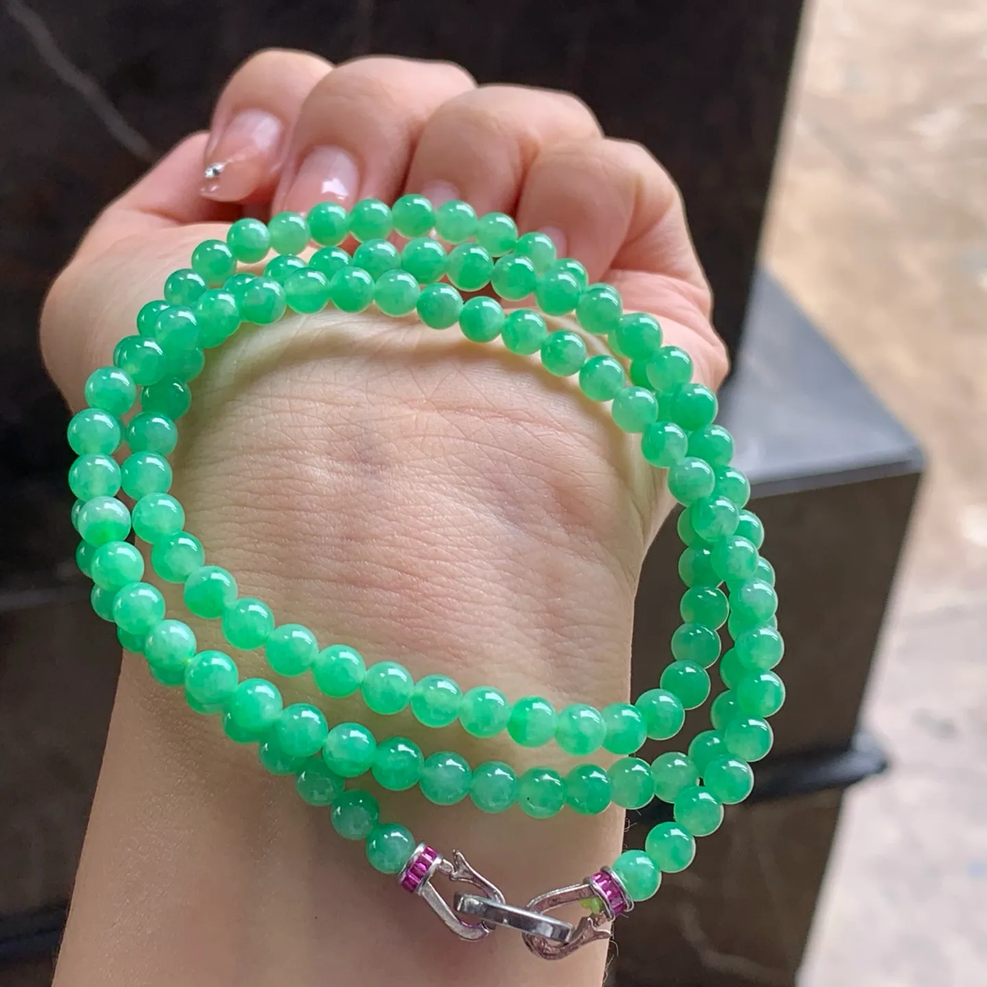Type A Jadeite Bead Strand, Full Apple Green, 4.6–5mm (3)