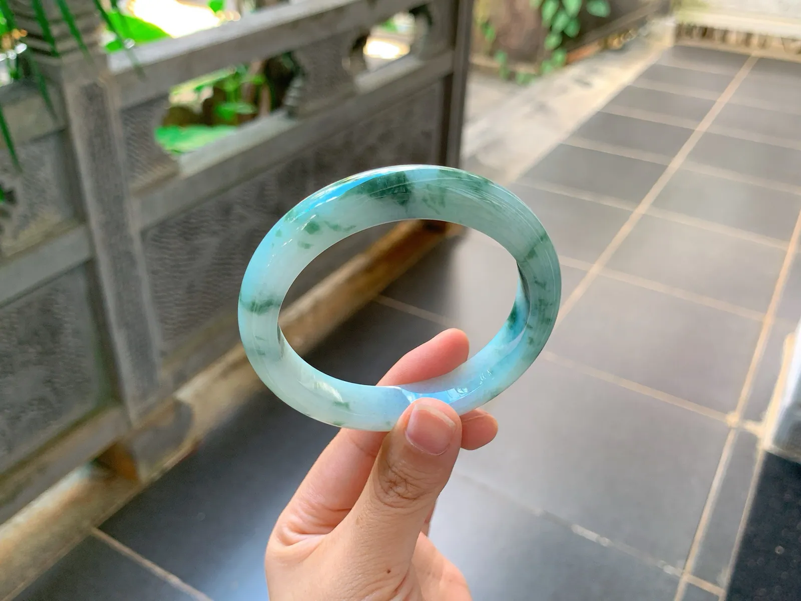 Type A Jadeite Bangle, Icy-Glutinous Blue-Green Flower, 59mm