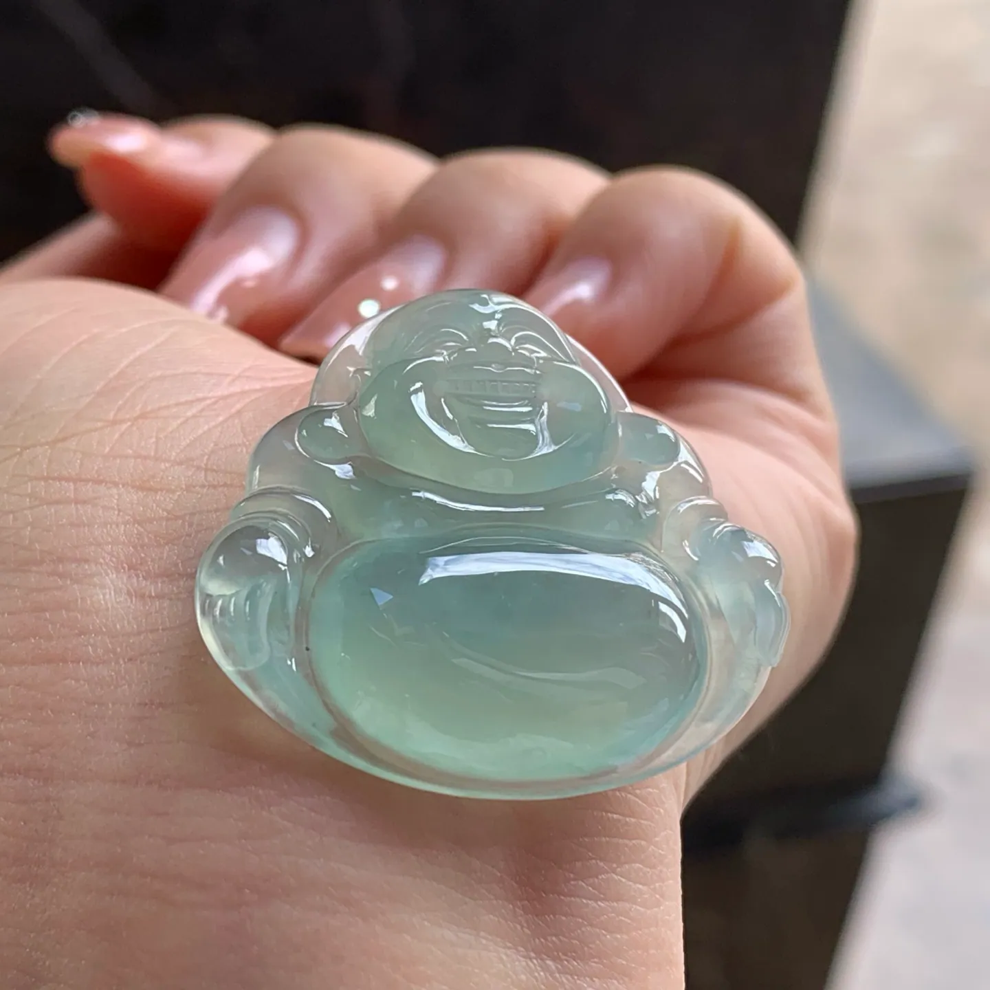 Type A Jadeite Laughing Buddha Pendant, Icy Blue-Green, 36mm (3)
