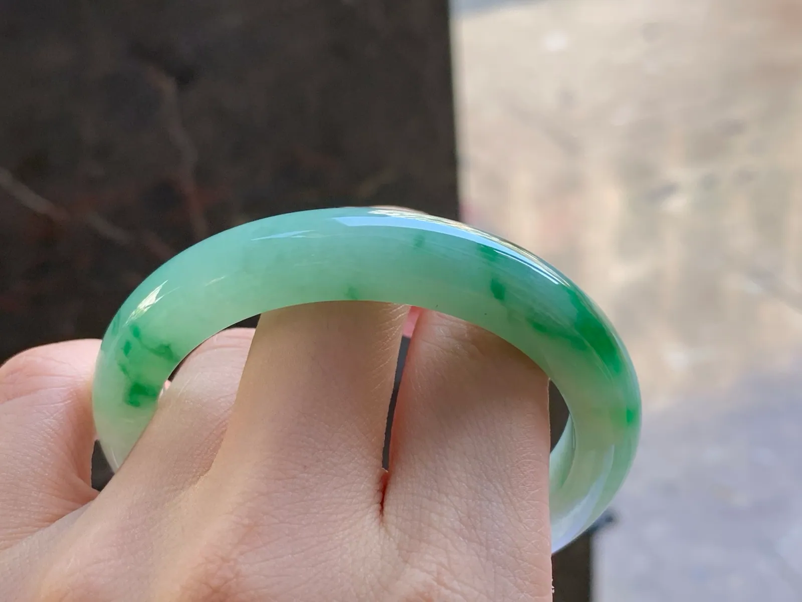 Type A Jadeite Flat Bangle, Icy-Glutinous Green Flower, 54mm (8)