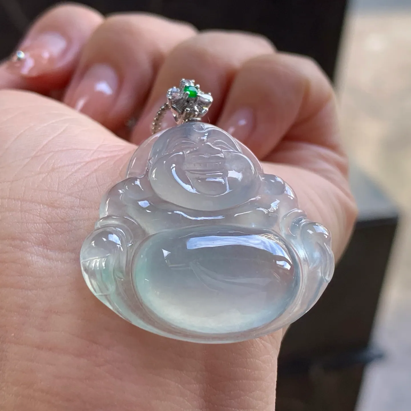 Type A Jadeite Buddha Pendant, Icy Clear, Gold Bail, 35mm