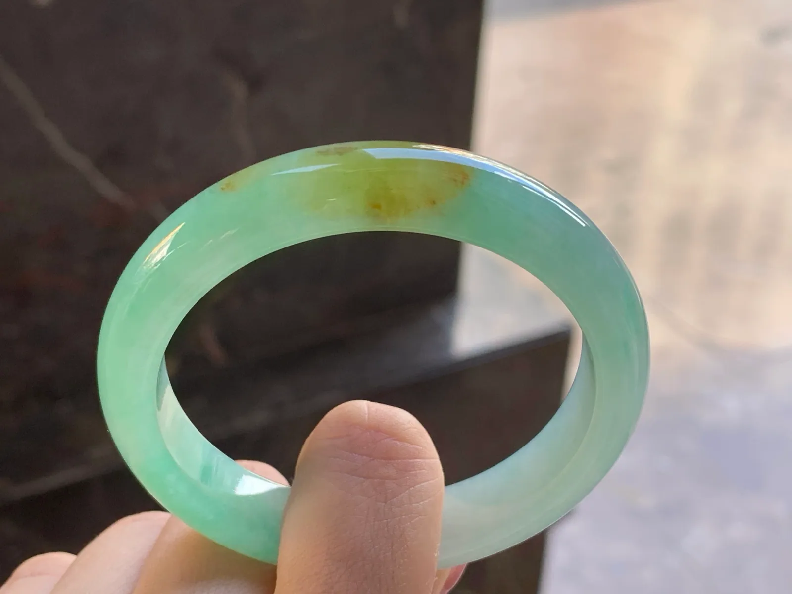 天然A货翡翠 糯冰种 晴绿黄翡 正装手镯 圈口54.2mm (2)