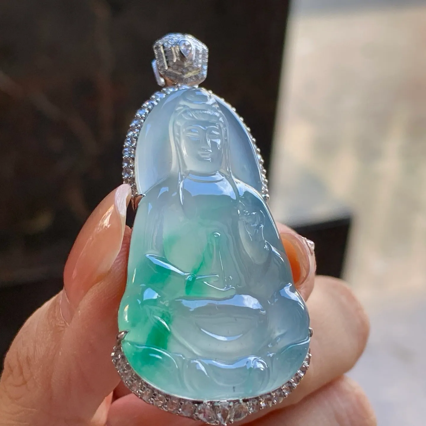 Type A Jadeite Guanyin Pendant, Icy Green Flower, 18K Gold (3)