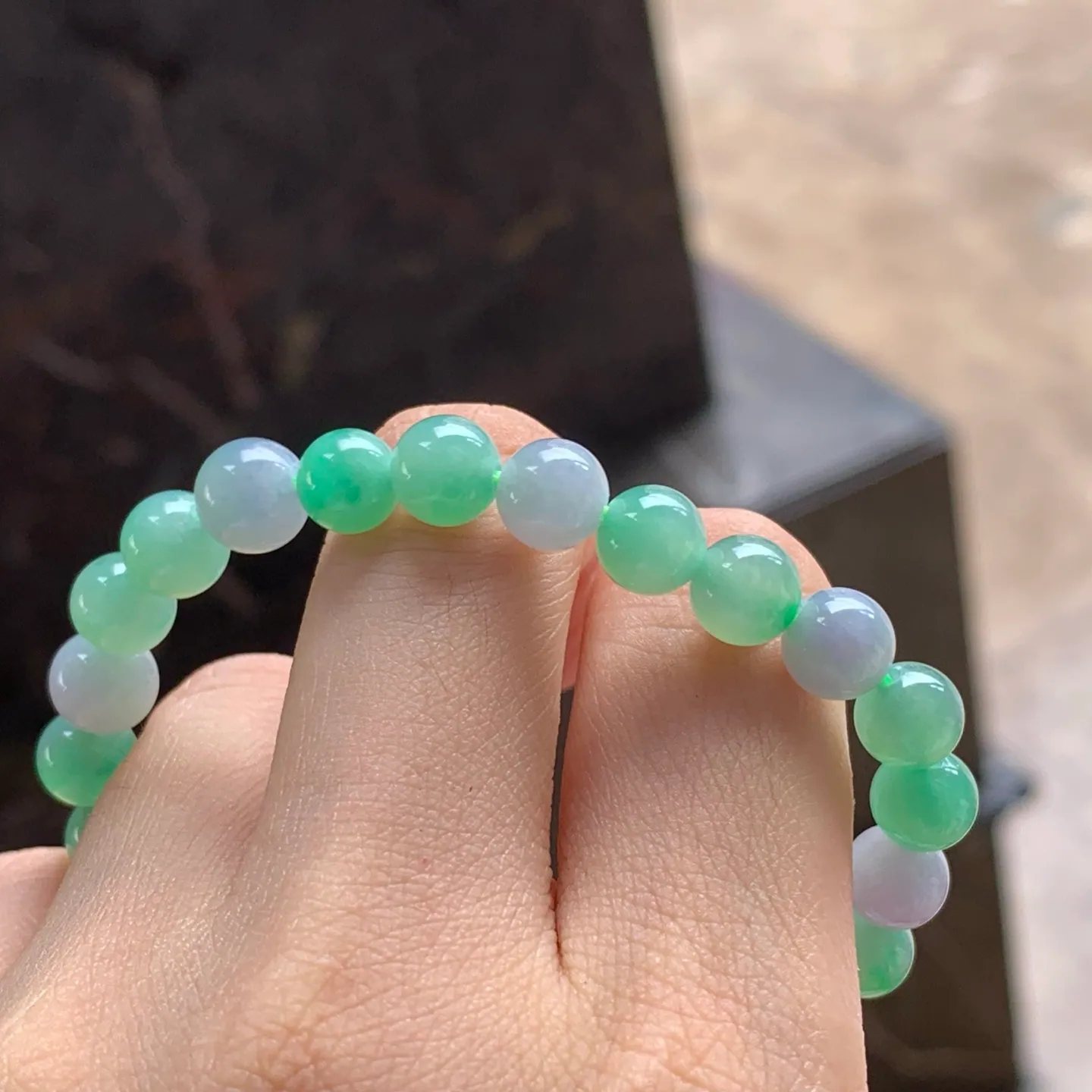 Type A Jadeite Bead Bracelet, Green & Lavender, 7.1mm (5)