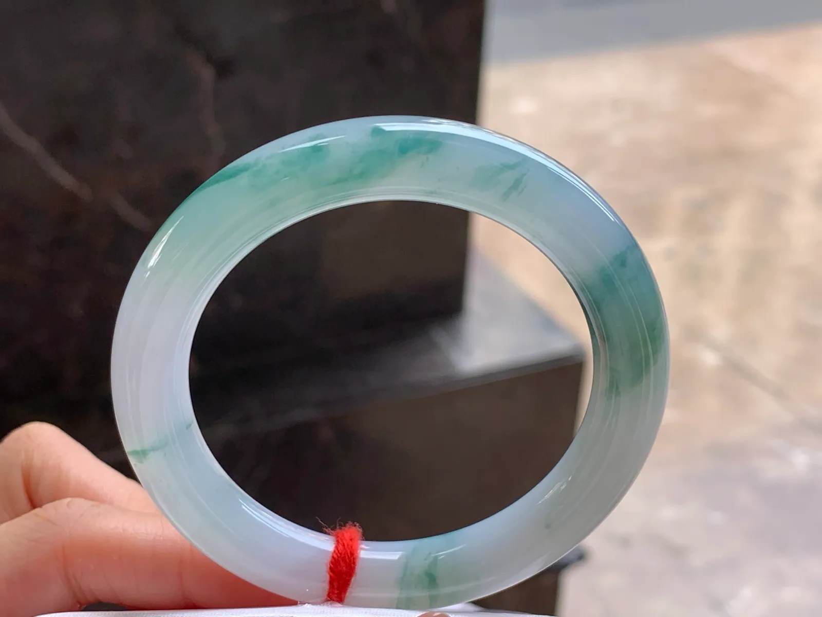 Type A Jadeite Round Bangle, Blue-Green Flower, 54.5mm