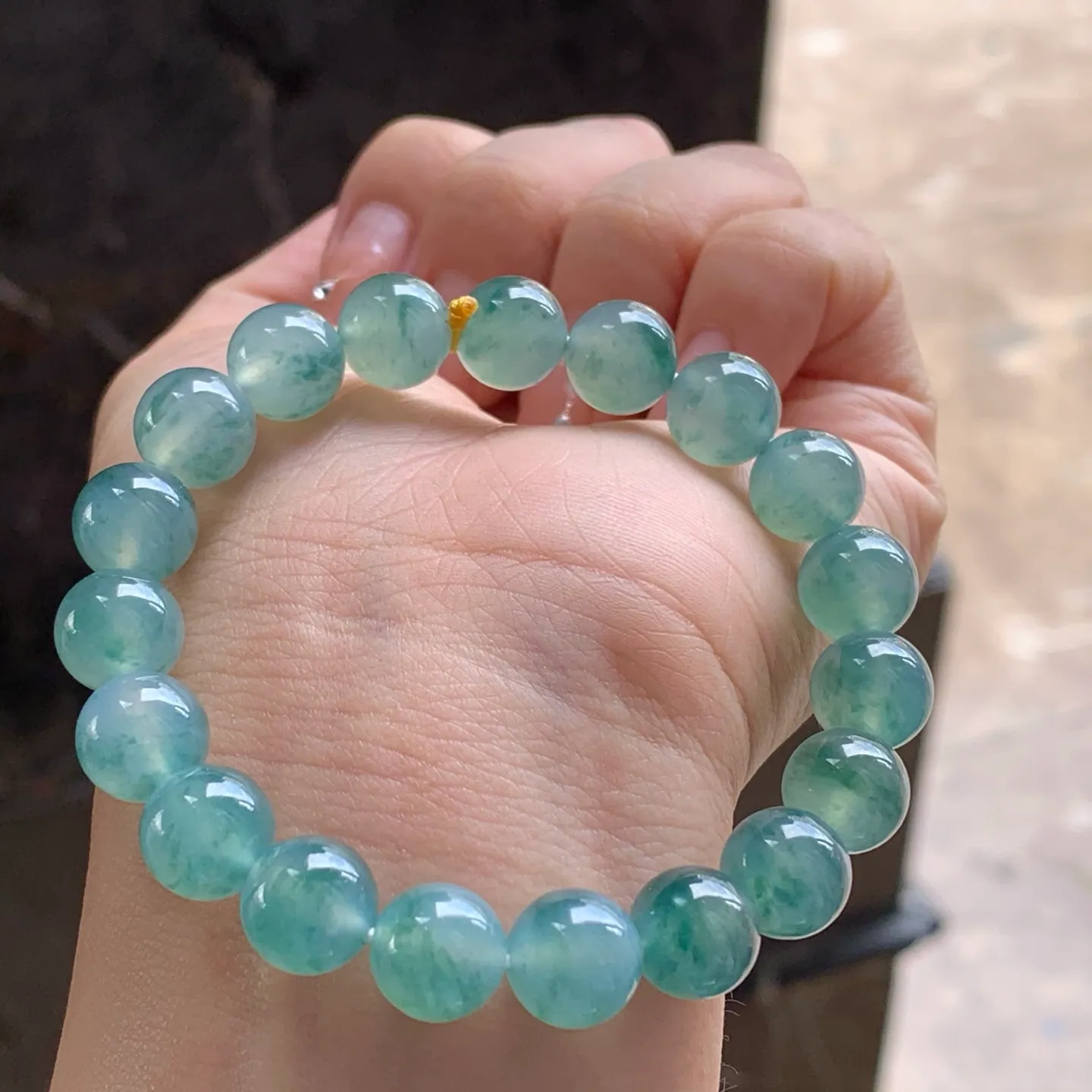 Type A Jadeite Bead Bracelet, Icy Blue Water Flower, 9.8mm (3)