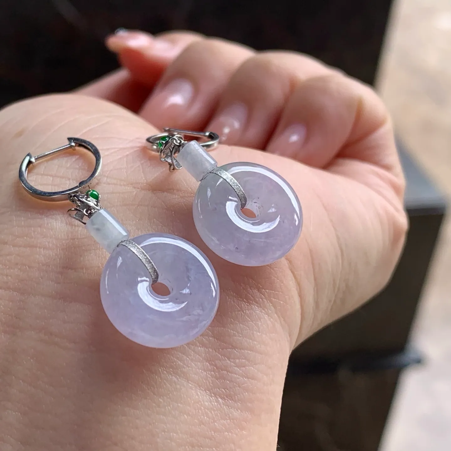 Type A Jadeite Safety Coin Drop Earrings, Pale Lavender (4)