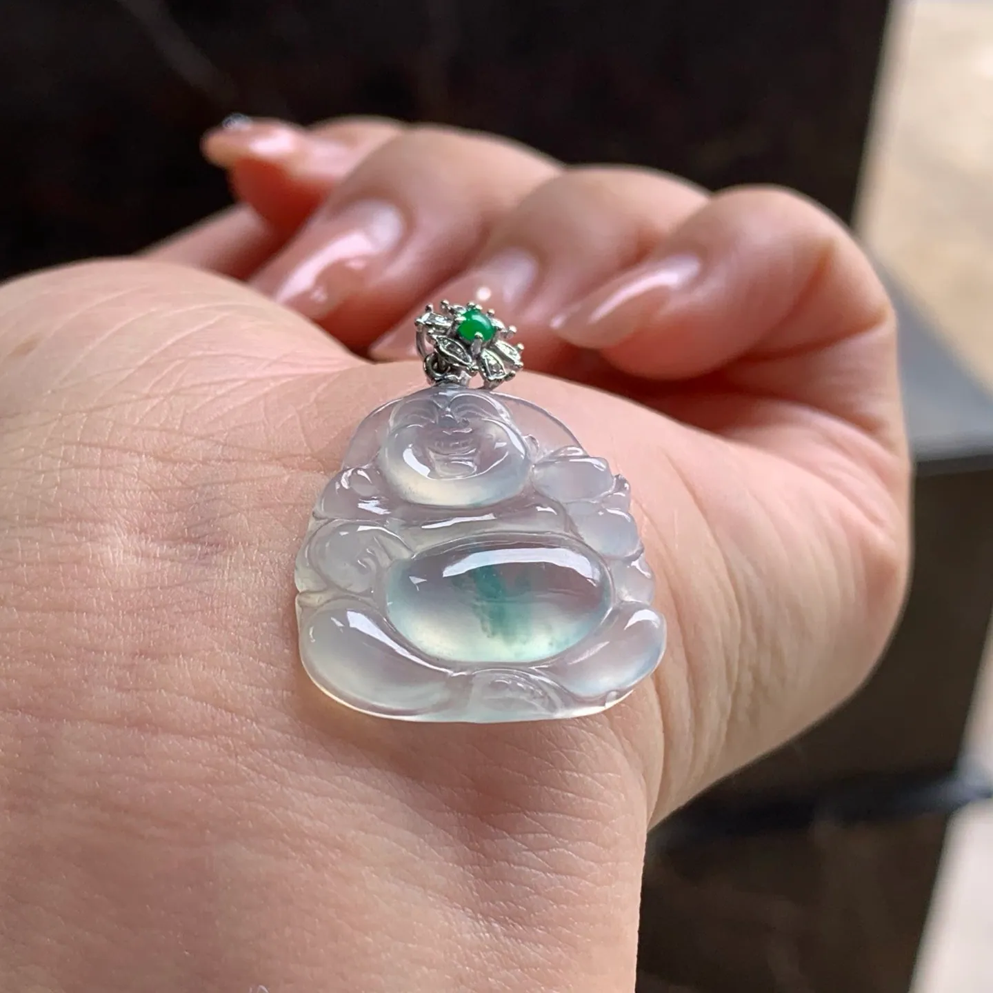 Type A Jadeite Buddha Pendant, Icy Blue Flower, 18K Bail (3)
