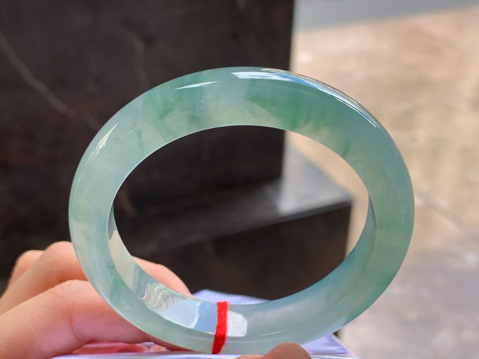 Type A Jadeite Flat Bangle, Icy Blue Flower, 56mm (4)