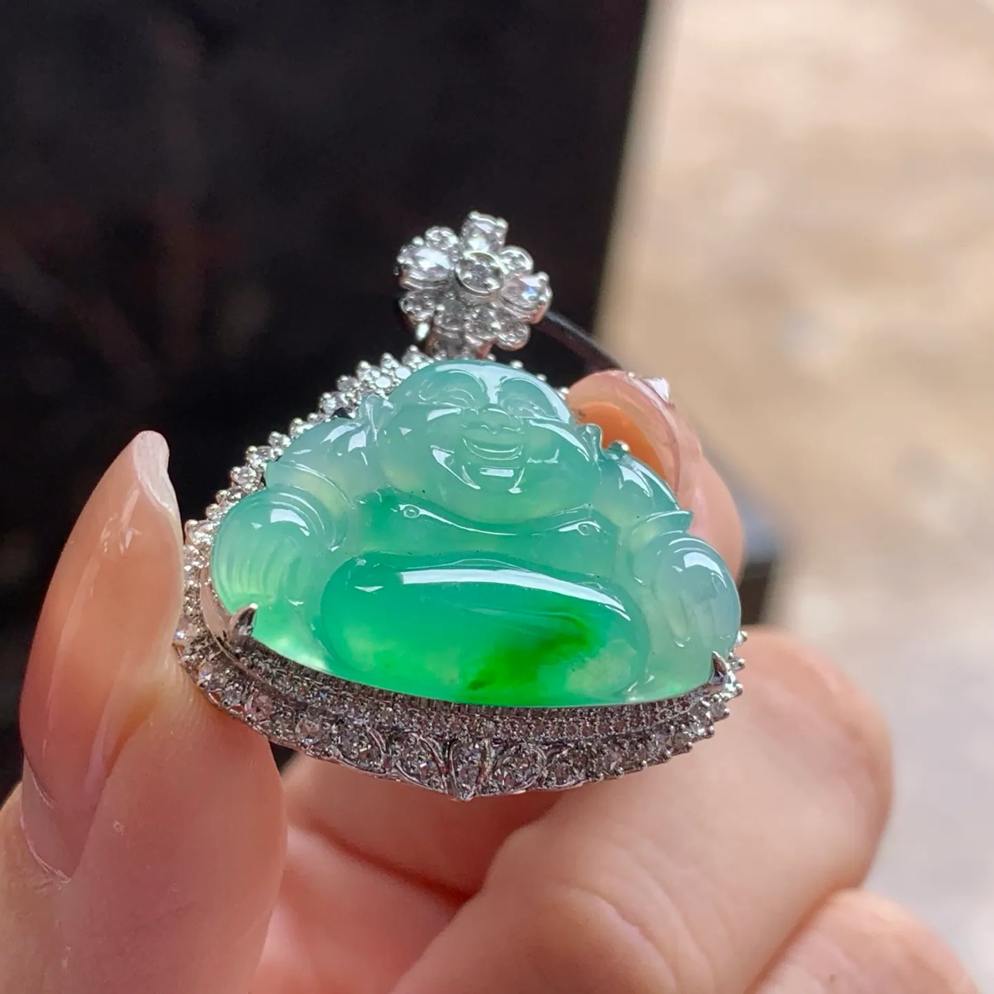 Type A Jadeite Laughing Buddha Pendant, Icy Green, 18K Gold (3)