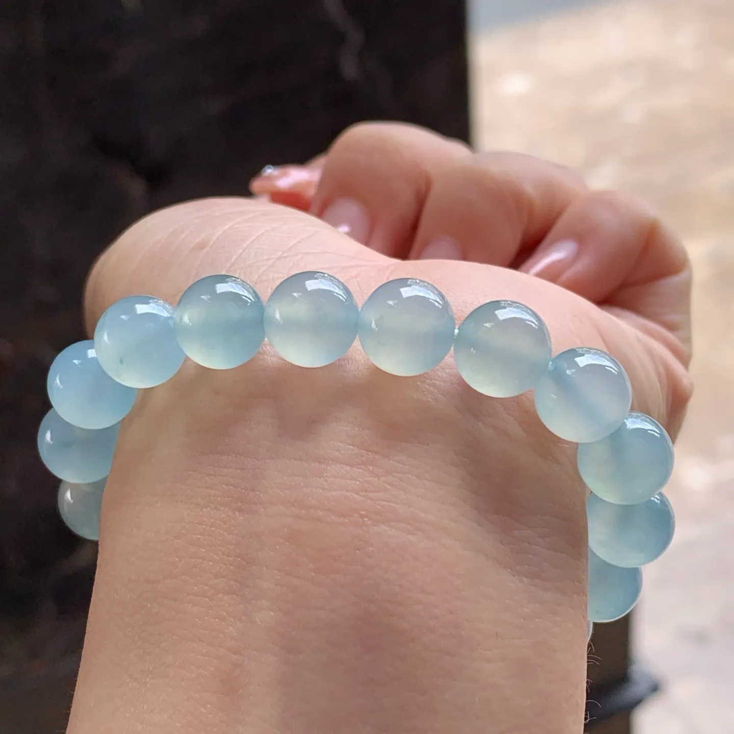 Type A Jadeite Bead Bracelet, Icy Blue Water, 9.8mm (7)