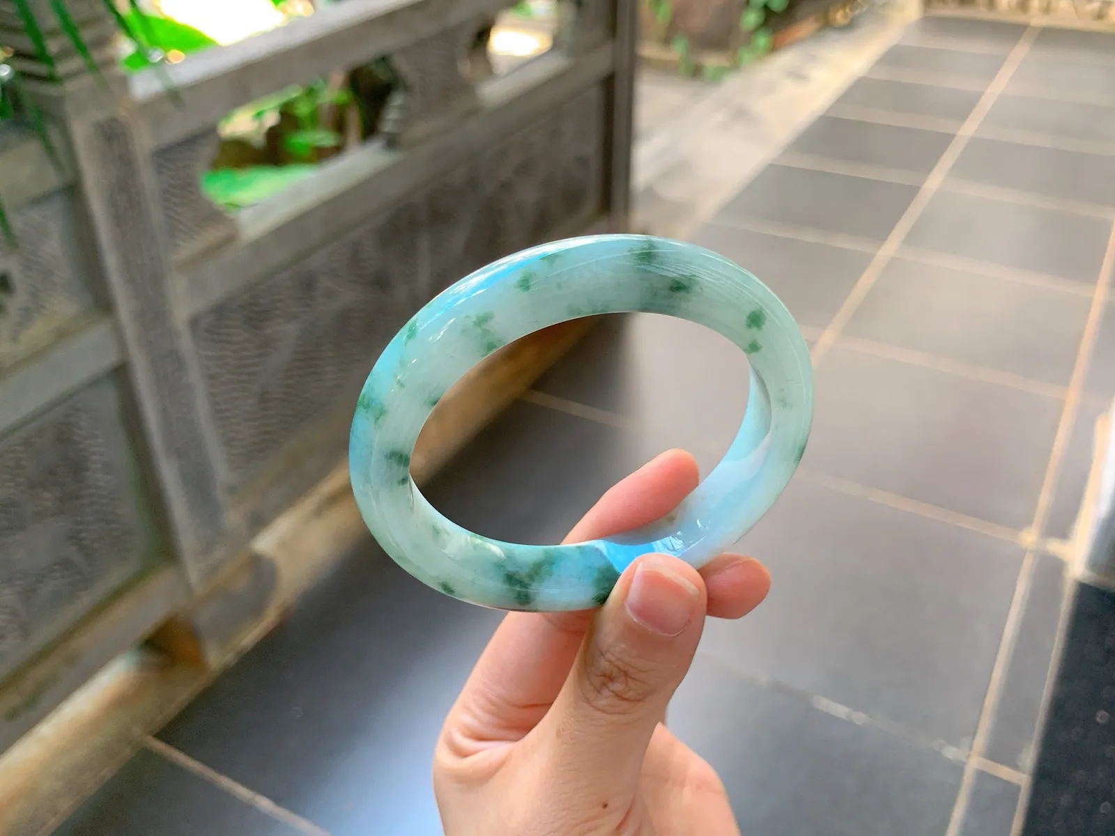 Type A Jadeite Bangle, Icy-Glutinous Blue-Green Flower, 59mm (5)