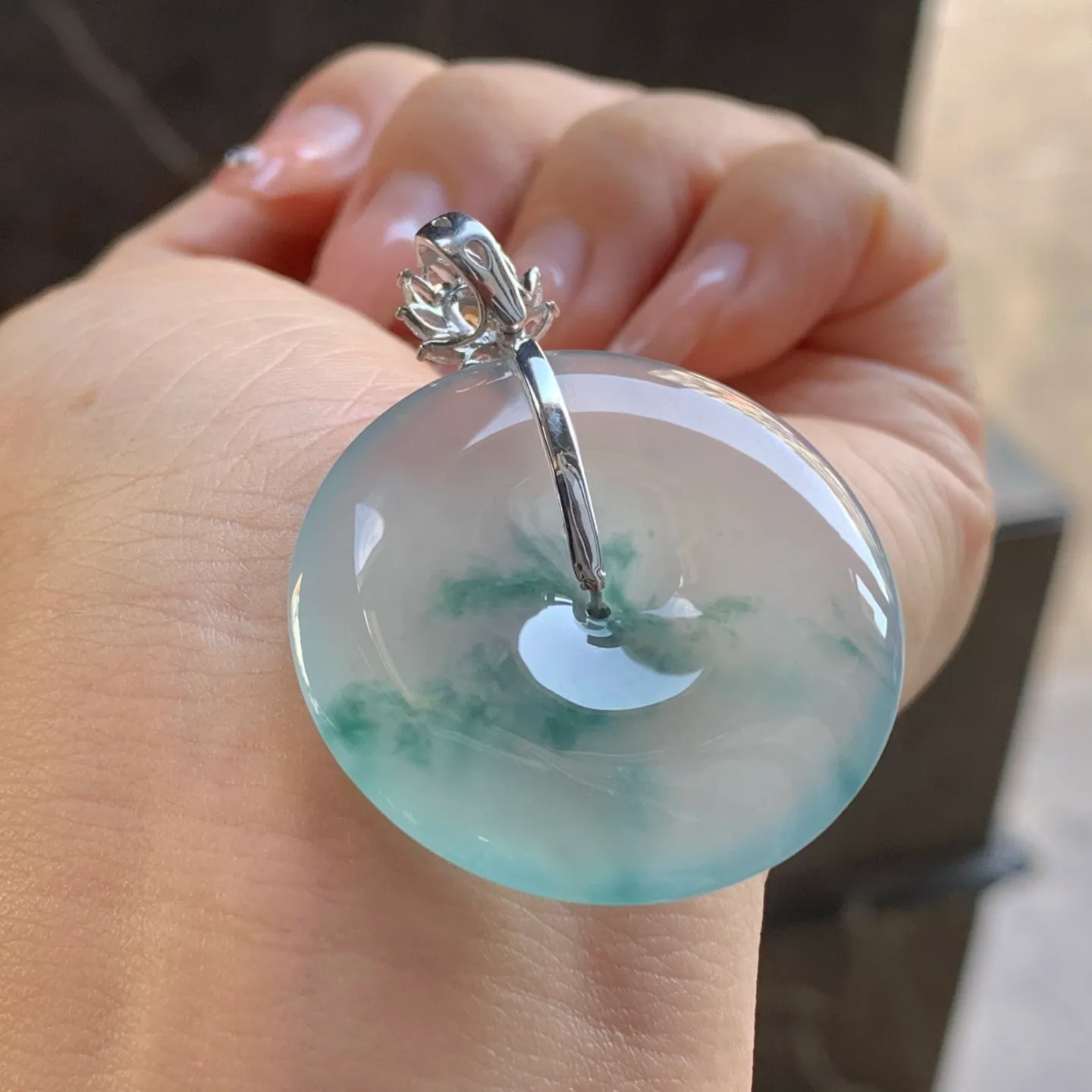 Type A Jadeite Safety Coin Pendant, Icy Flower, Gold Bail (6)