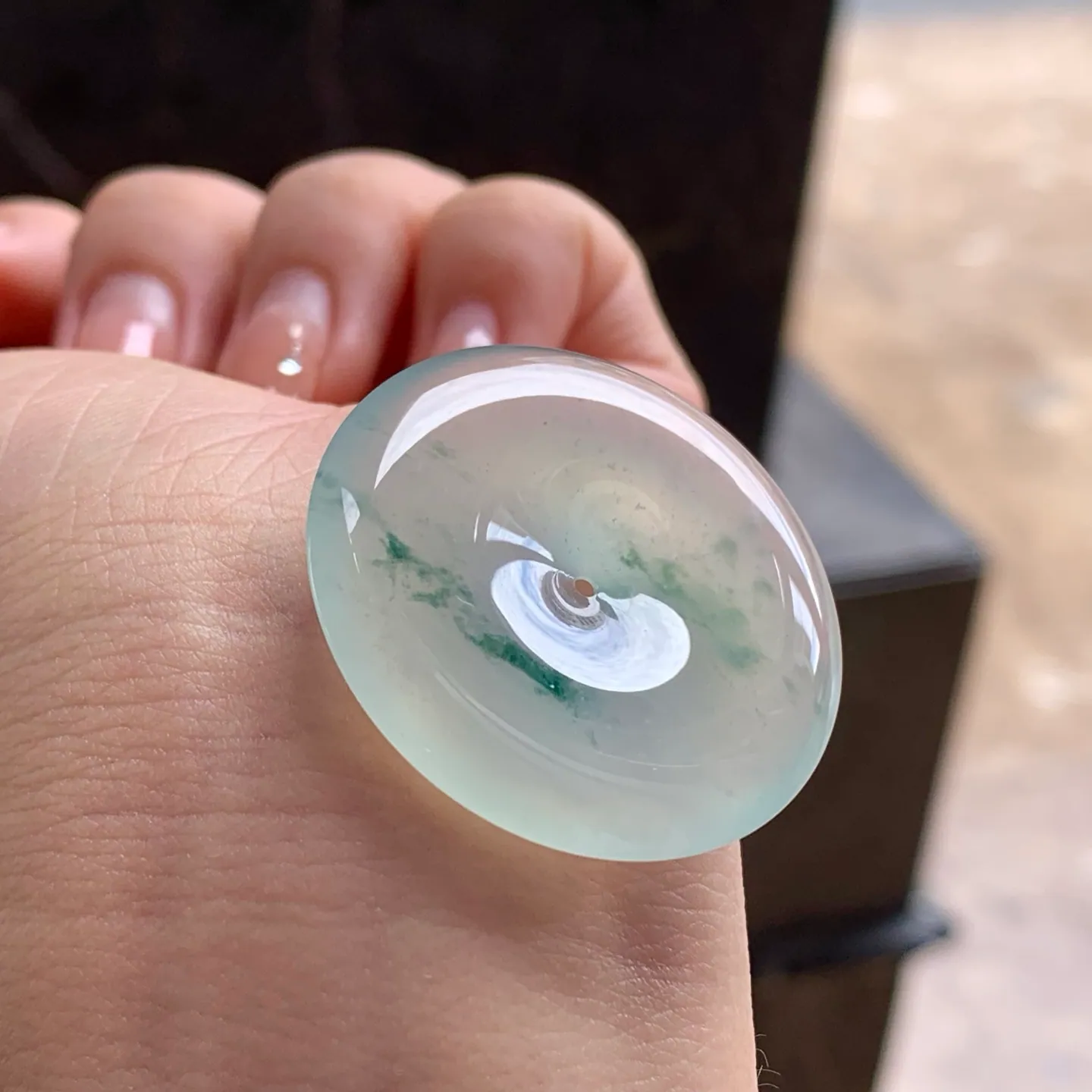 Type A Jadeite Safety Coin Pendant, Icy Blue Flower, 35mm (6)
