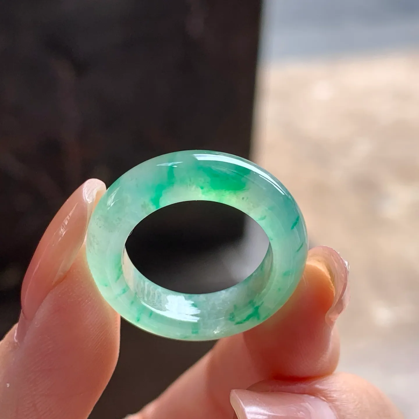 Type A Jadeite Band Ring, Icy Green Flower, Wide, 17.1mm