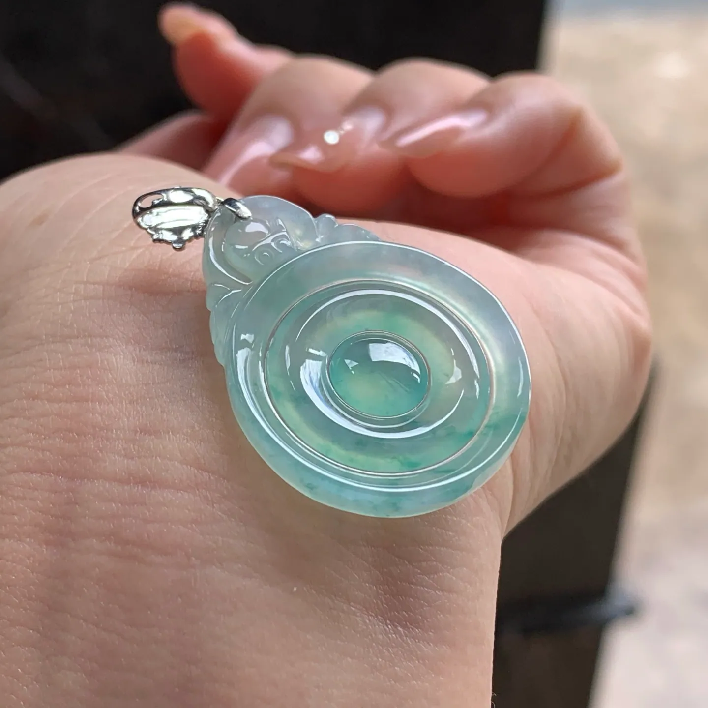 Type A Jadeite Fu Bei Pendant, Icy Blue Flower, Gold Bail (6)