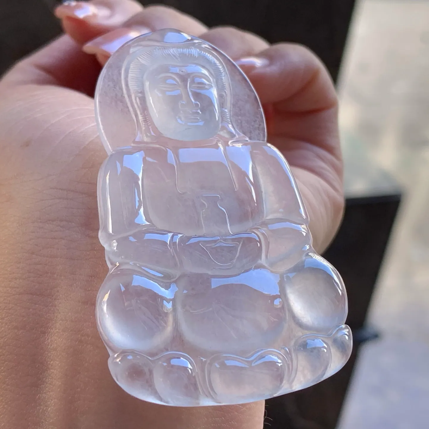 Type A Jadeite Guanyin Pendant, Icy Clear, Lotus Seat, 68mm