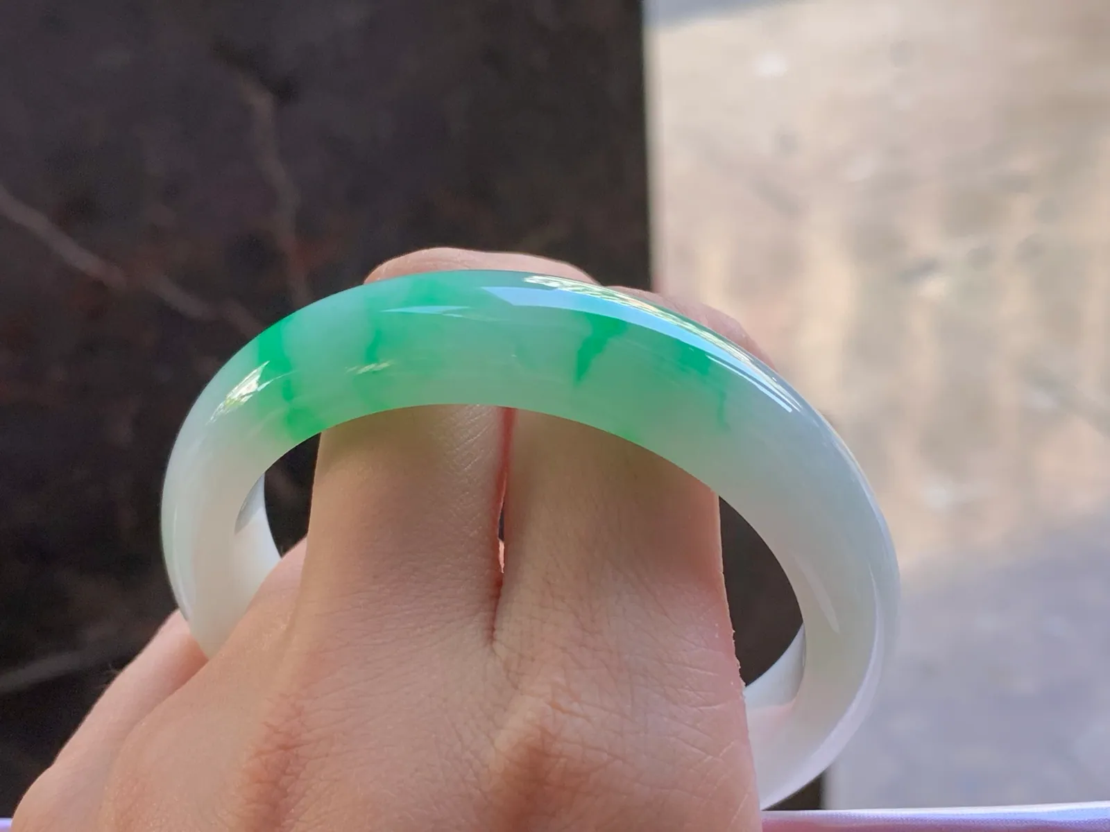 Type A Jadeite Flat Bangle, White and Green, 55.6mm (10)