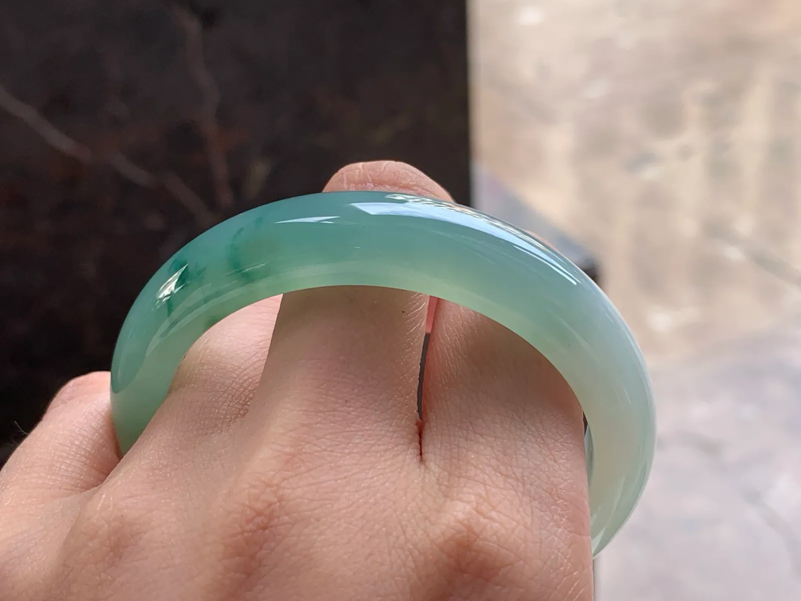 Type A Jadeite Flat Bangle, Icy-Glutinous Green Flower, 54mm (10)