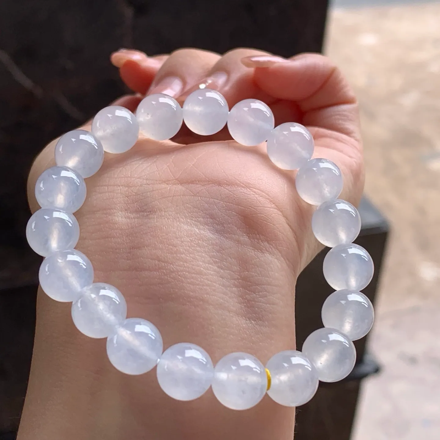 Type A Jadeite Bead Bracelet, Icy White, 9.7mm (4)
