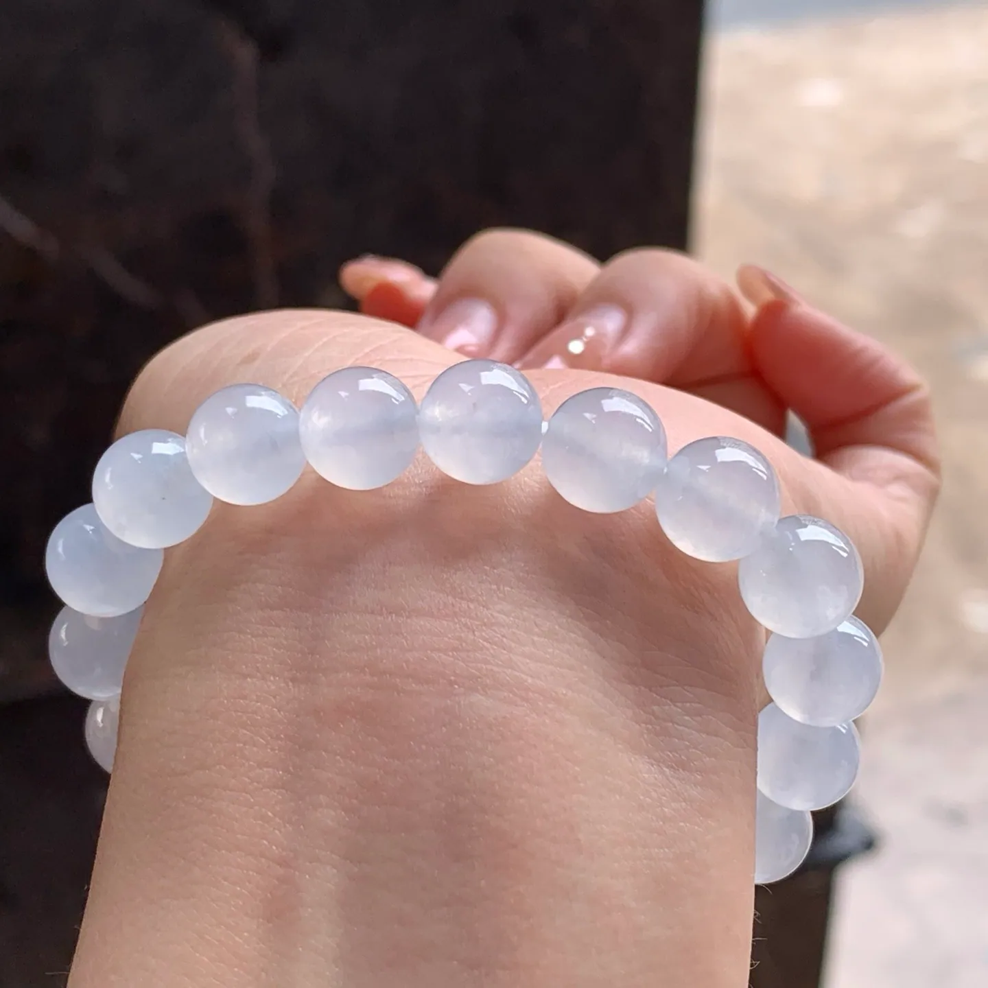 Type A Jadeite Bead Bracelet, Icy White, 9.7mm (6)