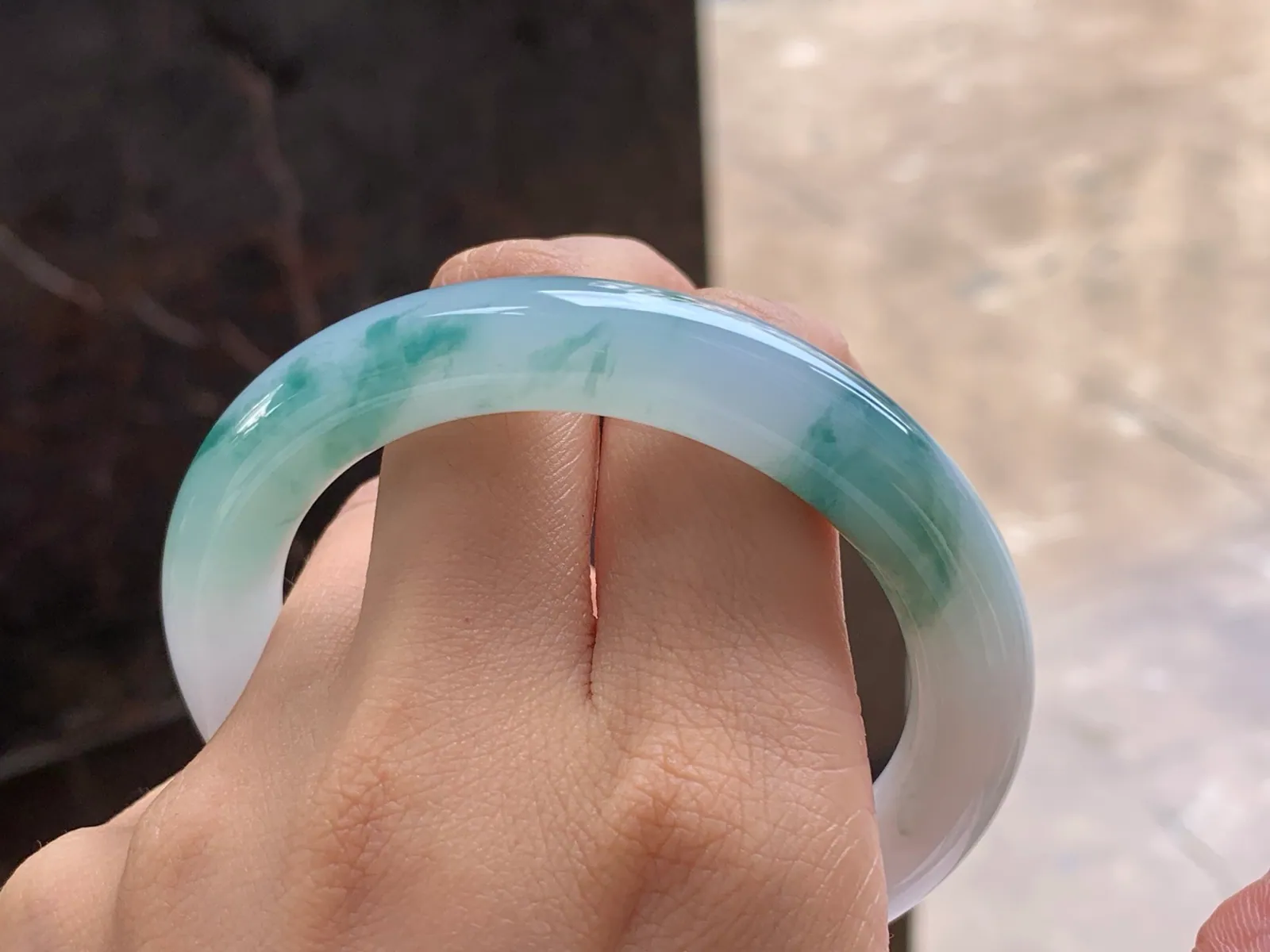 Type A Jadeite Round Bangle, Blue-Green Flower, 54.5mm (10)