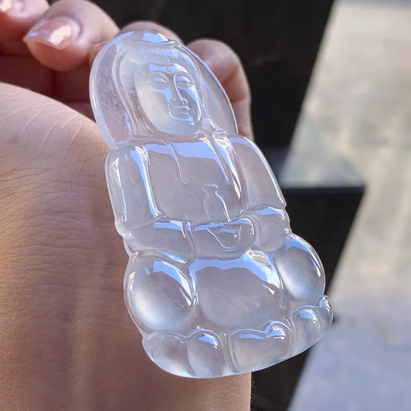 Type A Jadeite Guanyin Pendant, Icy Clear, Lotus Seat, 68mm (5)
