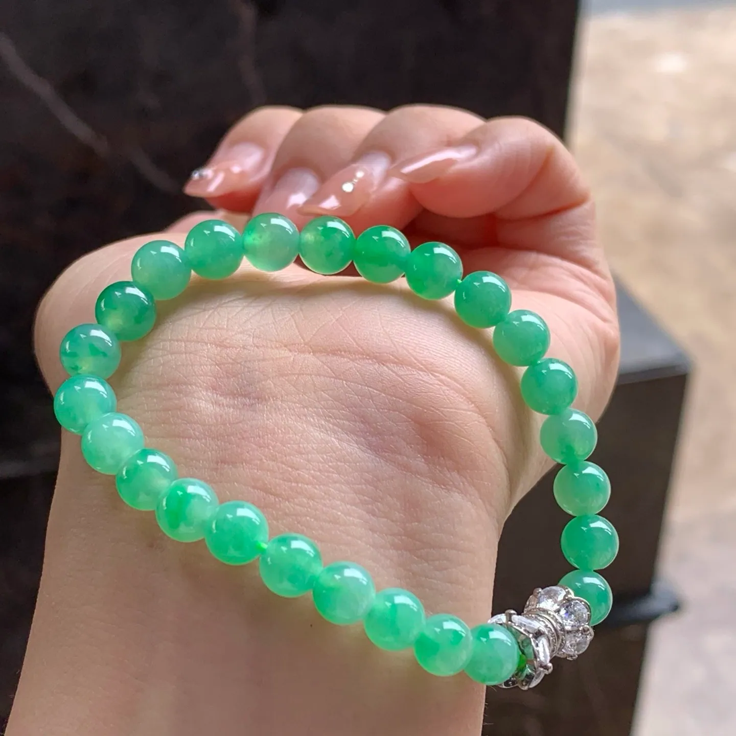 Type A Jadeite Bead Bracelet, Icy Apple Green, 7mm (4)