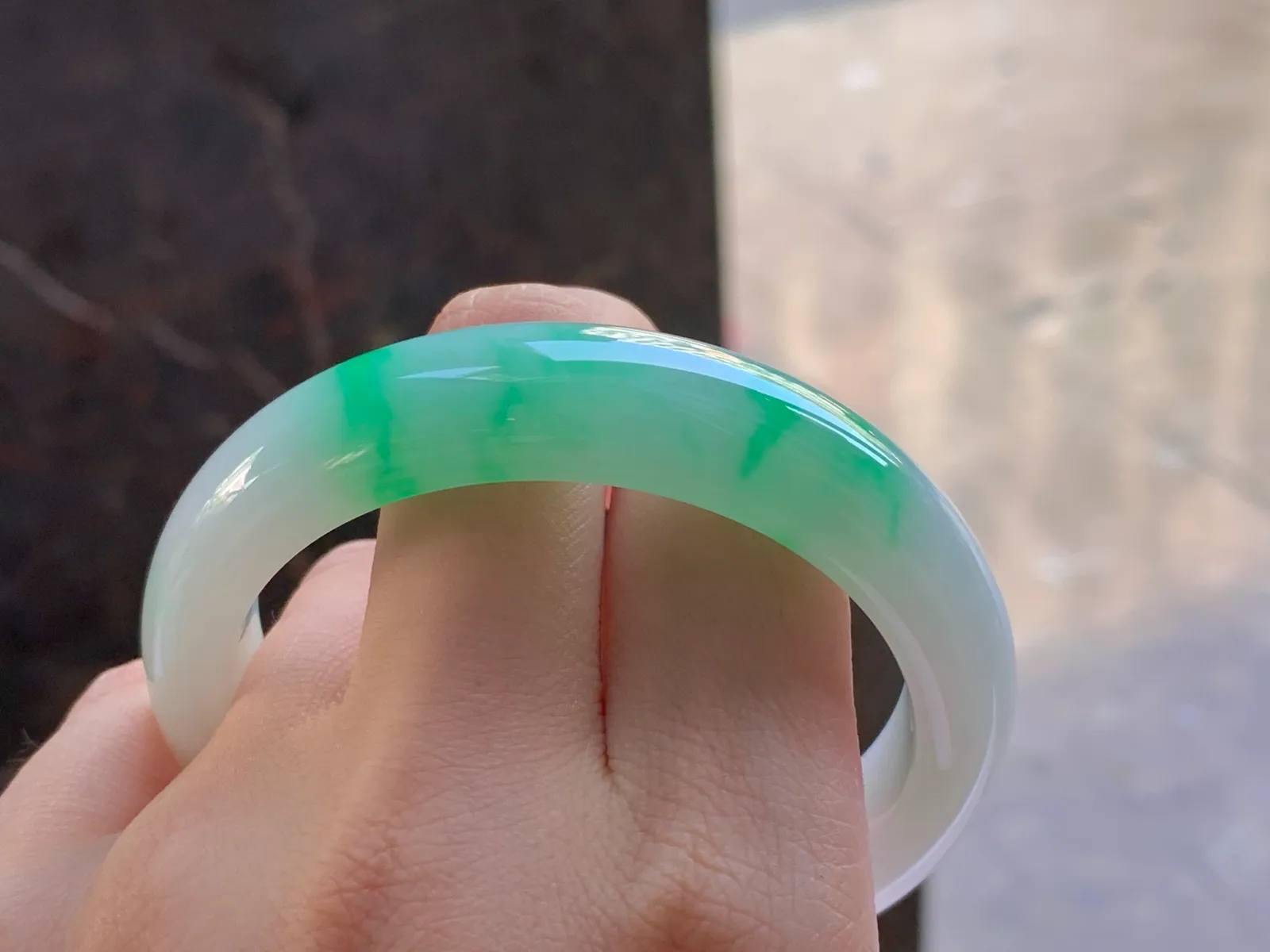 Type A Jadeite Flat Bangle, White and Green, 55.6mm (8)