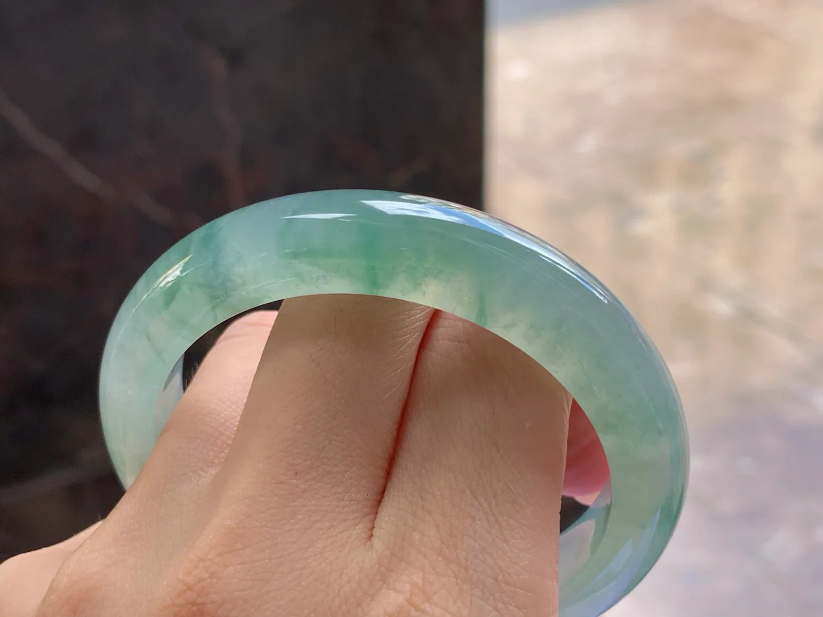 Type A Jadeite Flat Bangle, Icy Blue Flower, 56mm (9)