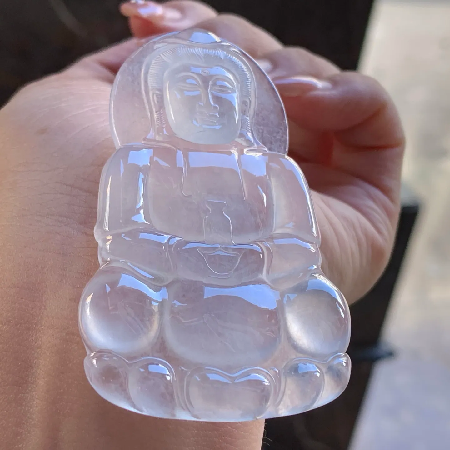 Type A Jadeite Guanyin Pendant, Icy Clear, Lotus Seat, 68mm (4)