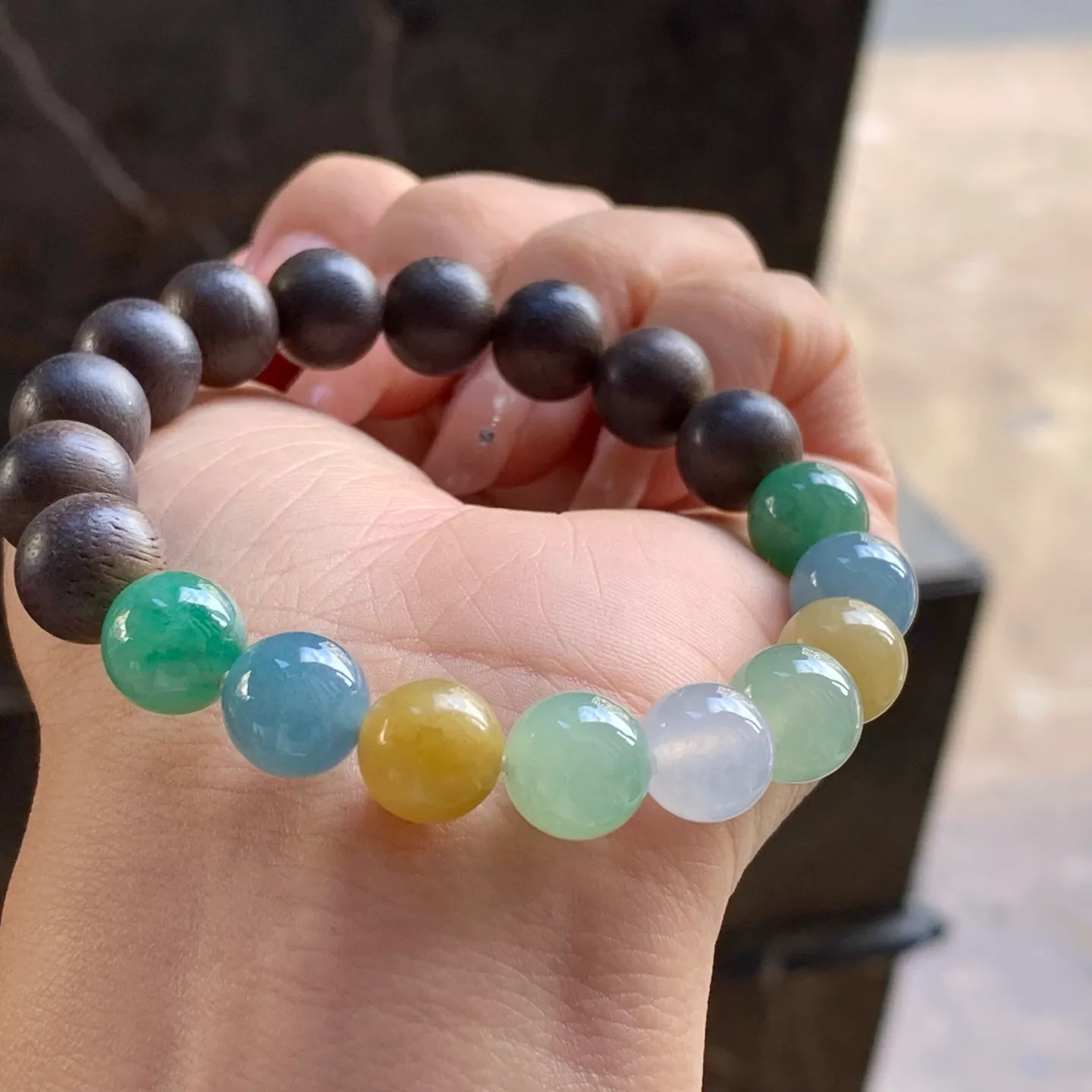 Type A Jadeite and Wood Bead Bracelet, Multicolor, 9.7mm (3)