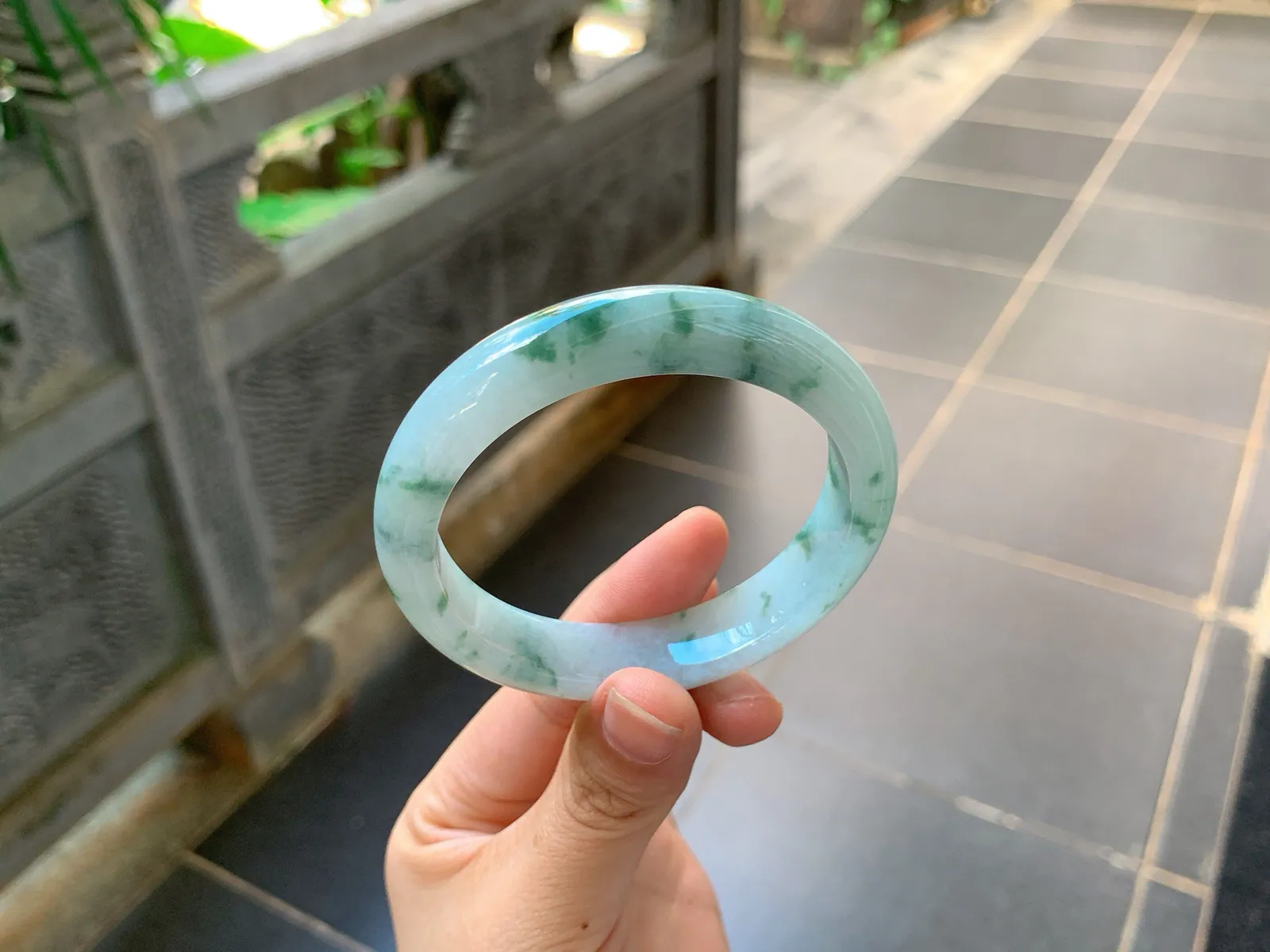 Type A Jadeite Ping'an Bangle, Blue with Green Flower, 56mm