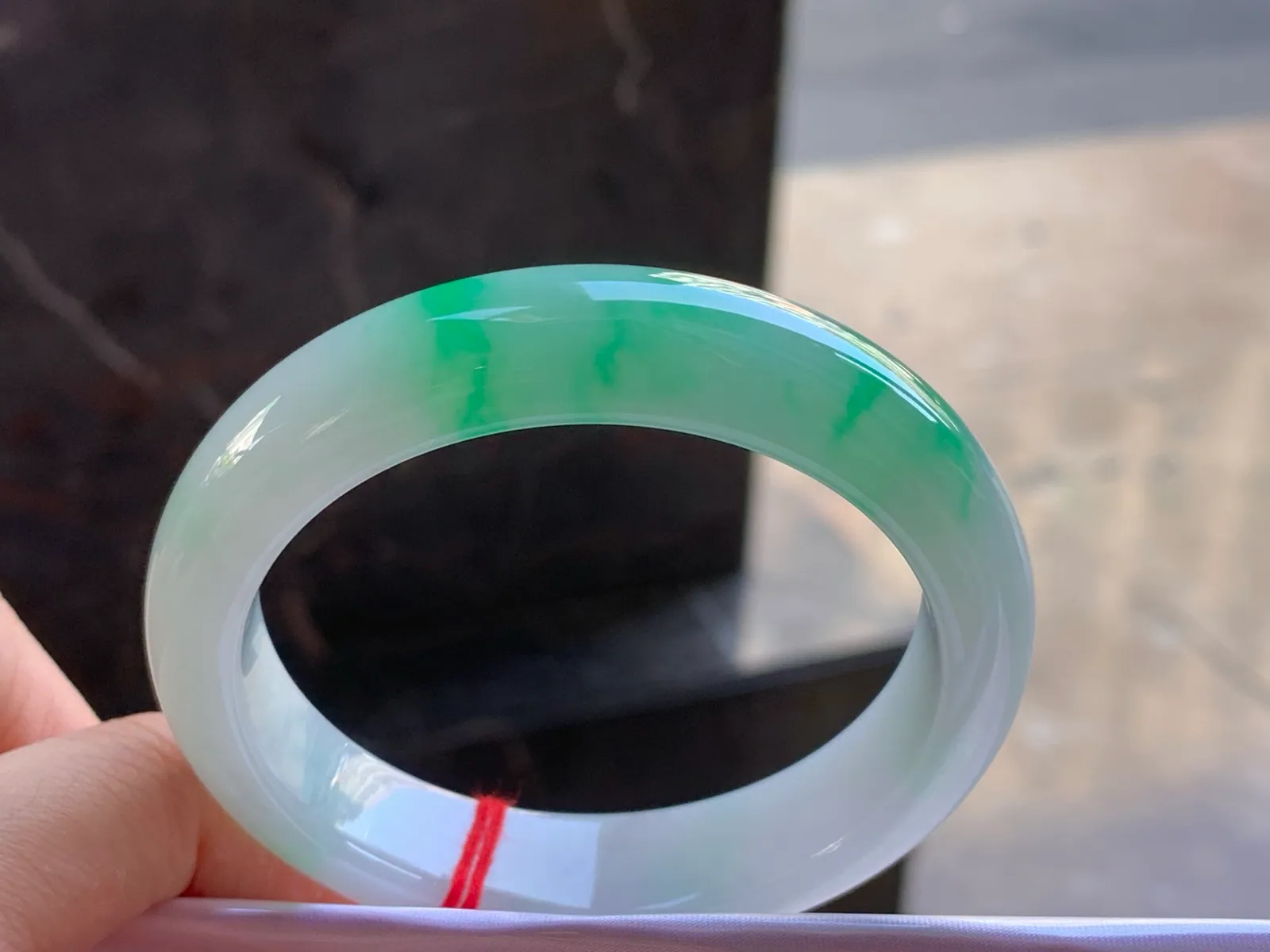 Type A Jadeite Flat Bangle, White and Green, 55.6mm