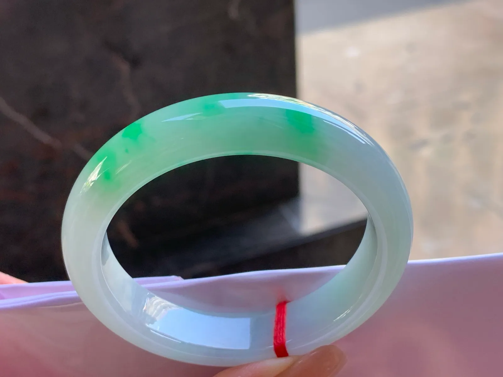 Type A Jadeite Flat Bangle, White and Green, 55.6mm (6)
