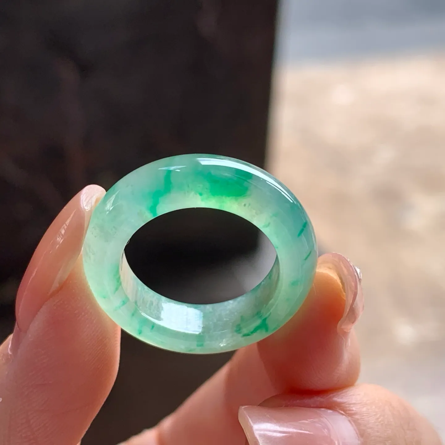 Type A Jadeite Band Ring, Icy Green Flower, Wide, 17.1mm (4)